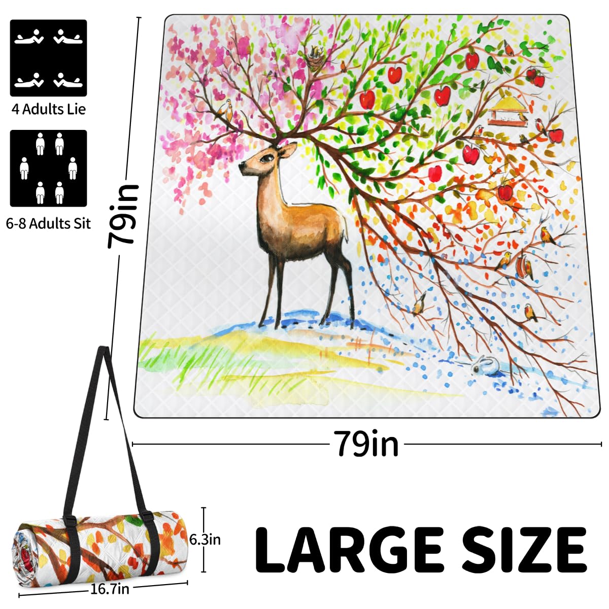 Shimoshe Extra Large Picnic Blankets 79”x 79”, Beautiful Bighorn Brown Deer Waterproof Foldable Picnic Mat with Straps Portable Beach Blanket for Camping Park Grass Beach Indoor