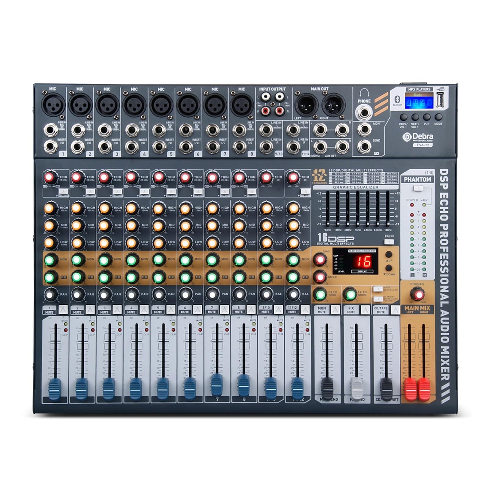 Mikser EVA 6/8/12 kanałów DJ Consoler z zasilaniem Phantom 48V USB Bluetooth do nagrywania na scenie(EVA 12 Channel)