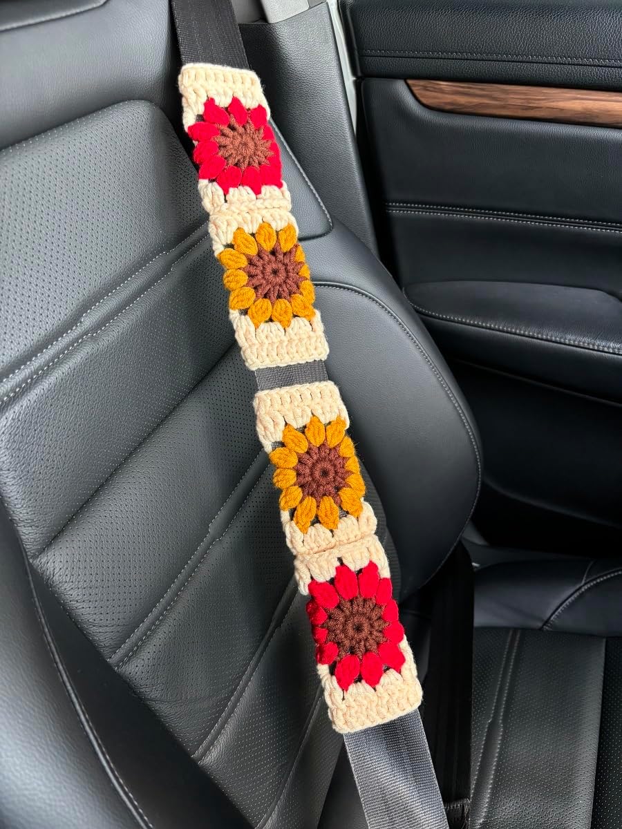 Crochet Sunflower Car Steering Wheel Cover,Flower Seatbelt Cover,Women Car Accessories (A,Wheel Cover+2 Belt Cover+Rainbow)