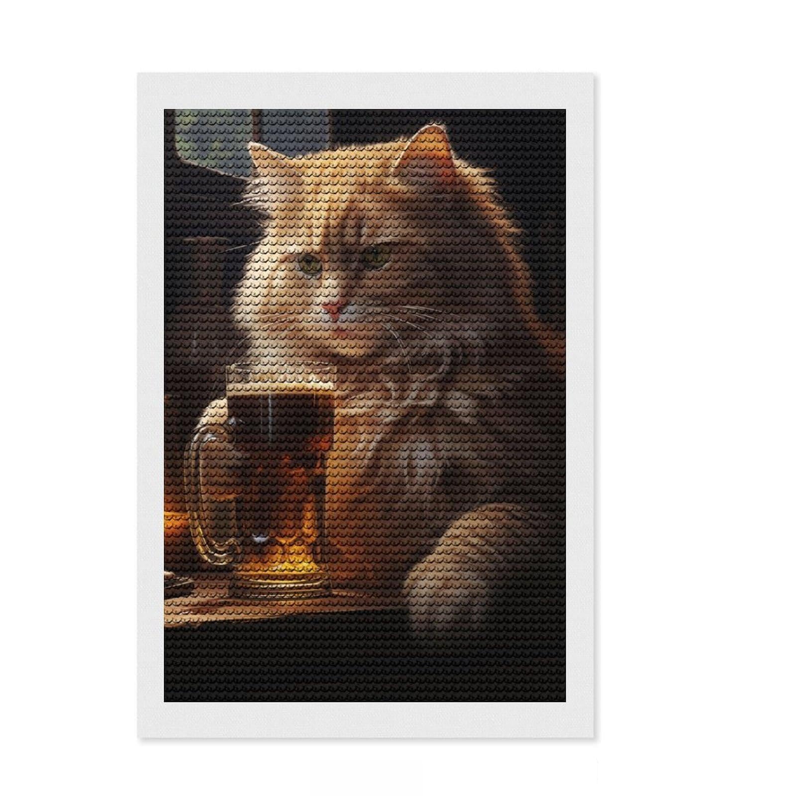 Junmoney Cat Drinking Beer Diamond Art Canvas 8"x12", Finish and Display, Sparkling Round Gems, Easy Handmade Project, Home Wall Decor