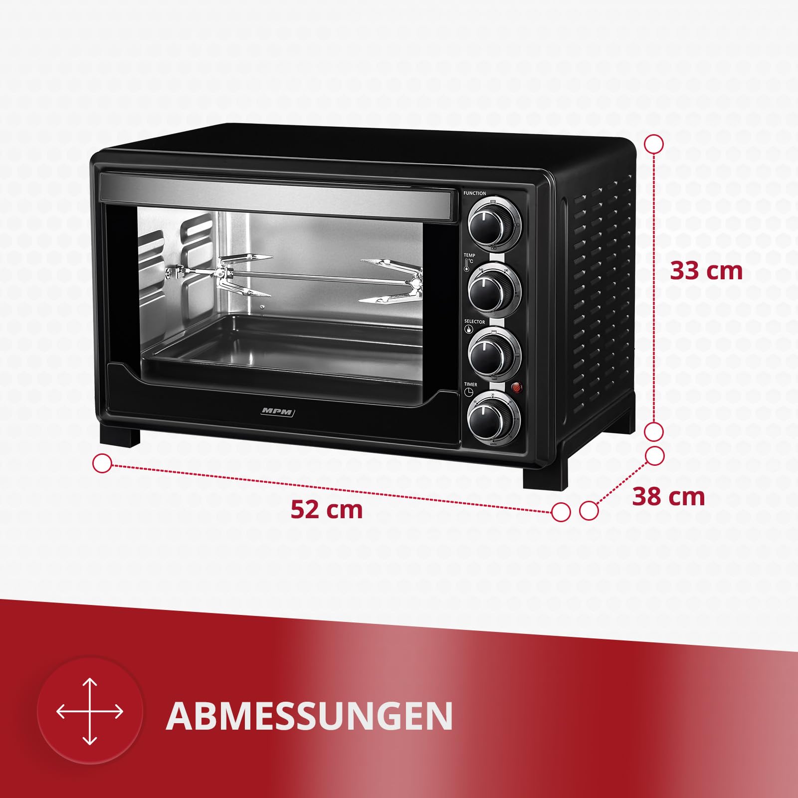 MPM MPE-05/T Forno a Convezione 32 Litri, Girarrosto per Polli Acciaio Inossidabile, Porta a Doppio Vetro, 5 Modalità di Calore, Timer, Regolazione della Temperatura, Nero, 1600W