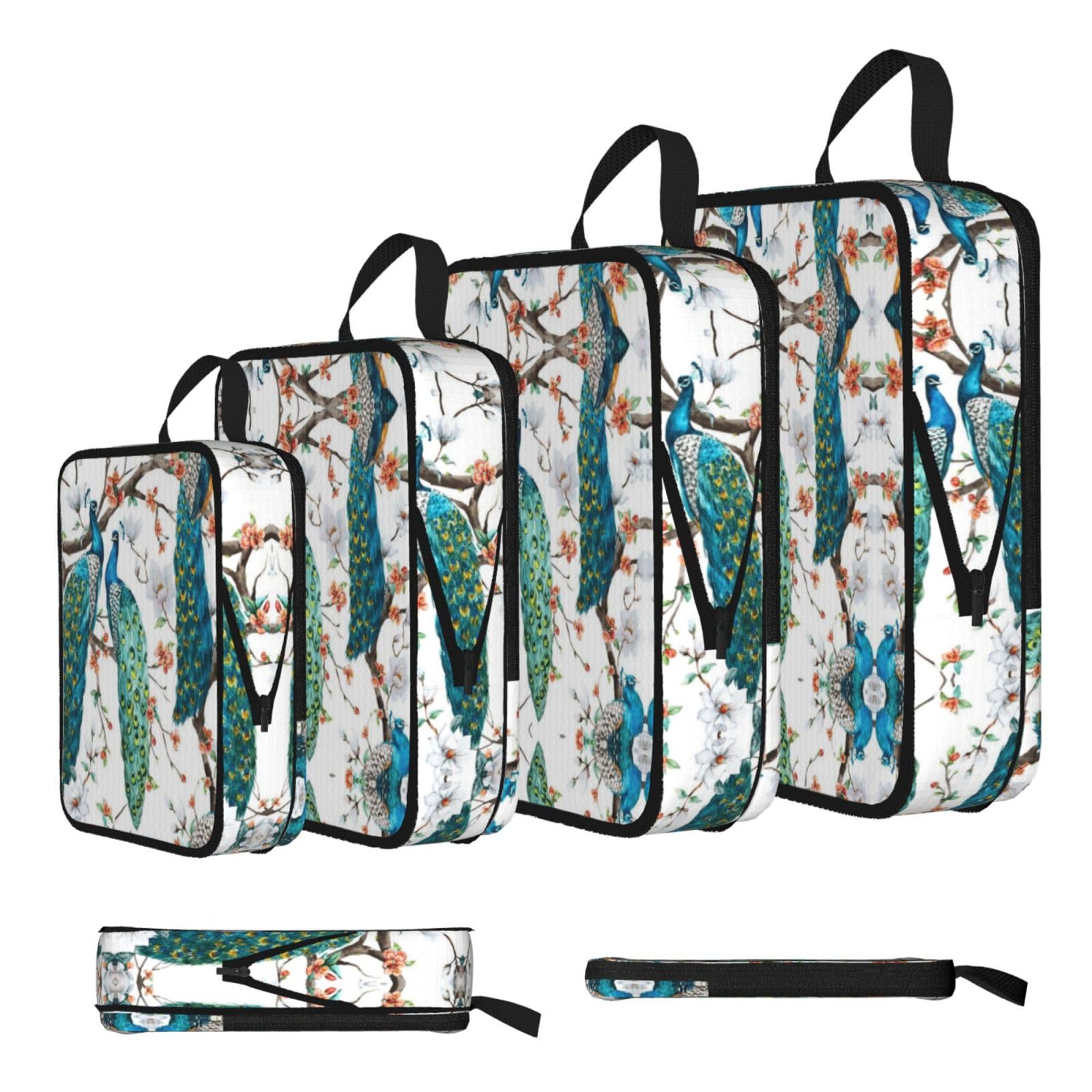 Beautiful Peacock Flowers Print 4 Set Compression Packing Cubes For Suitcases,Expandable Storage Bags Organizers