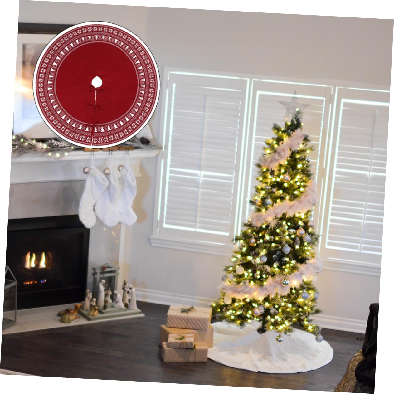Cabilock Jupe de Sapin de Noël Tricotée Décorative avec Flocons et Éléments de Sapin de Noël