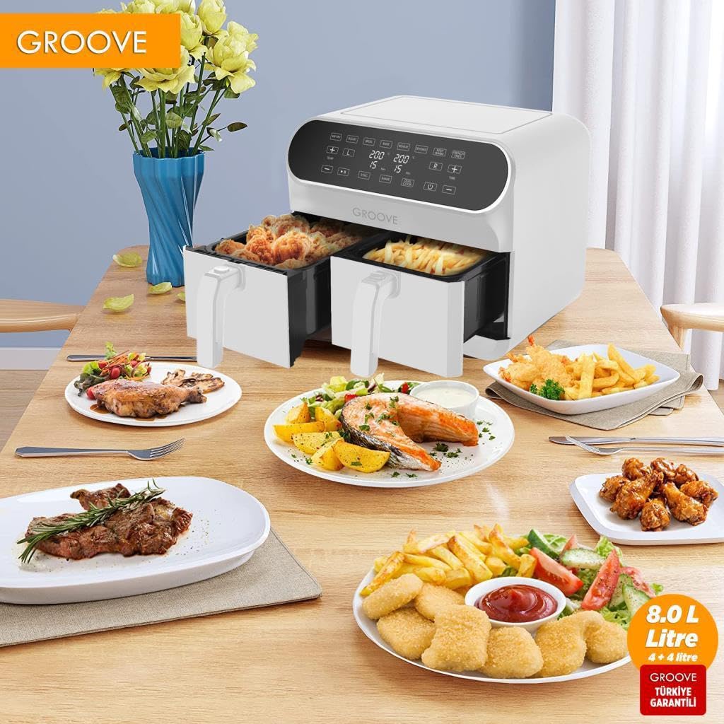 Groove Max Plus XXL 1800W 8Lt Çift Hazneli Smart Airfryer Yağsız Sıcak Hava Fritözü Beyaz
