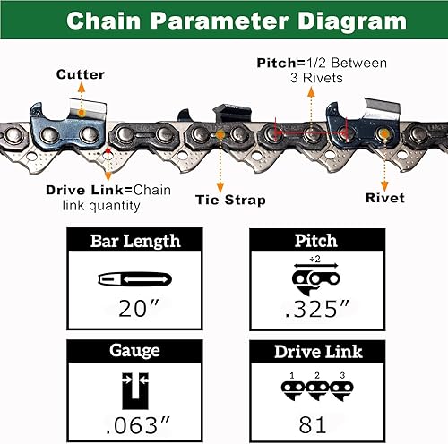 Miniatura 2 de Paquete de 3 cadenas de motosierra de 20 pulgadas, calibre de 0.063 pulgadas, paso de 325 pulgadas, 81 eslabones de transmisión para Stihl MS290,