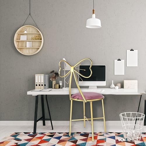 Miniatura 6 de Puclekne Silla de tocador para maquillaje, moderna silla de terciopelo con diseño de mariposa, linda silla rosa con nudo de lazo para niñas con pata