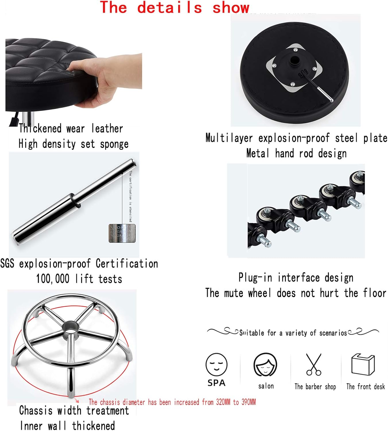 Rotating and Lifting Stool with Pulleys, SGS Certified Air Rod with Steel Stamp, Free Explosion-Proof Steel Plate, Barber Shop Stool Chair,Bearing 100kg