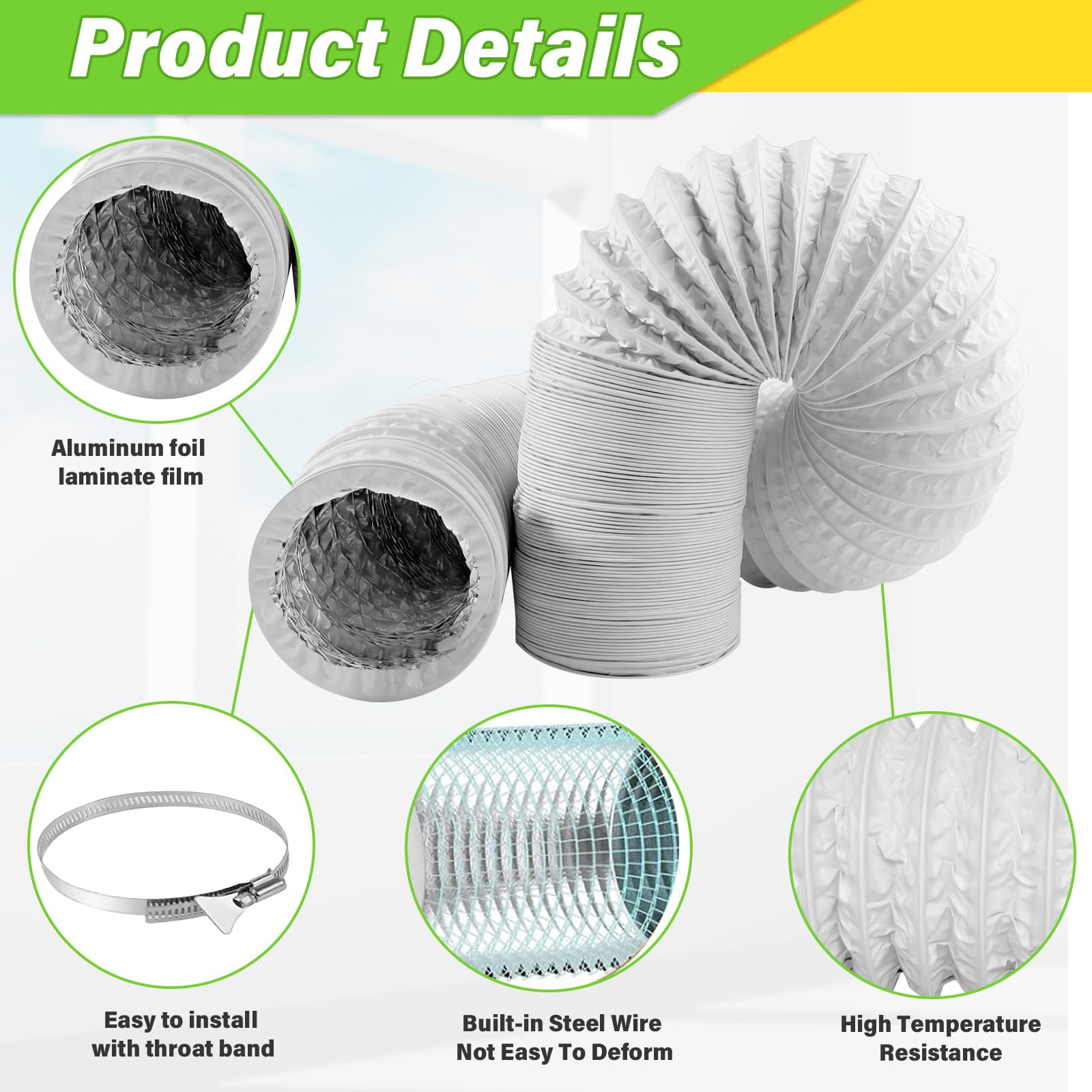 URHRHU PVC Flexible Hose 100mm Flexible Ducting Auminium Foil Ducting Insulated Ducting Ventilation Air Ducting PVC Pipe for Universal Tumble Dryer (100mm*4.5m, White) - Image 3