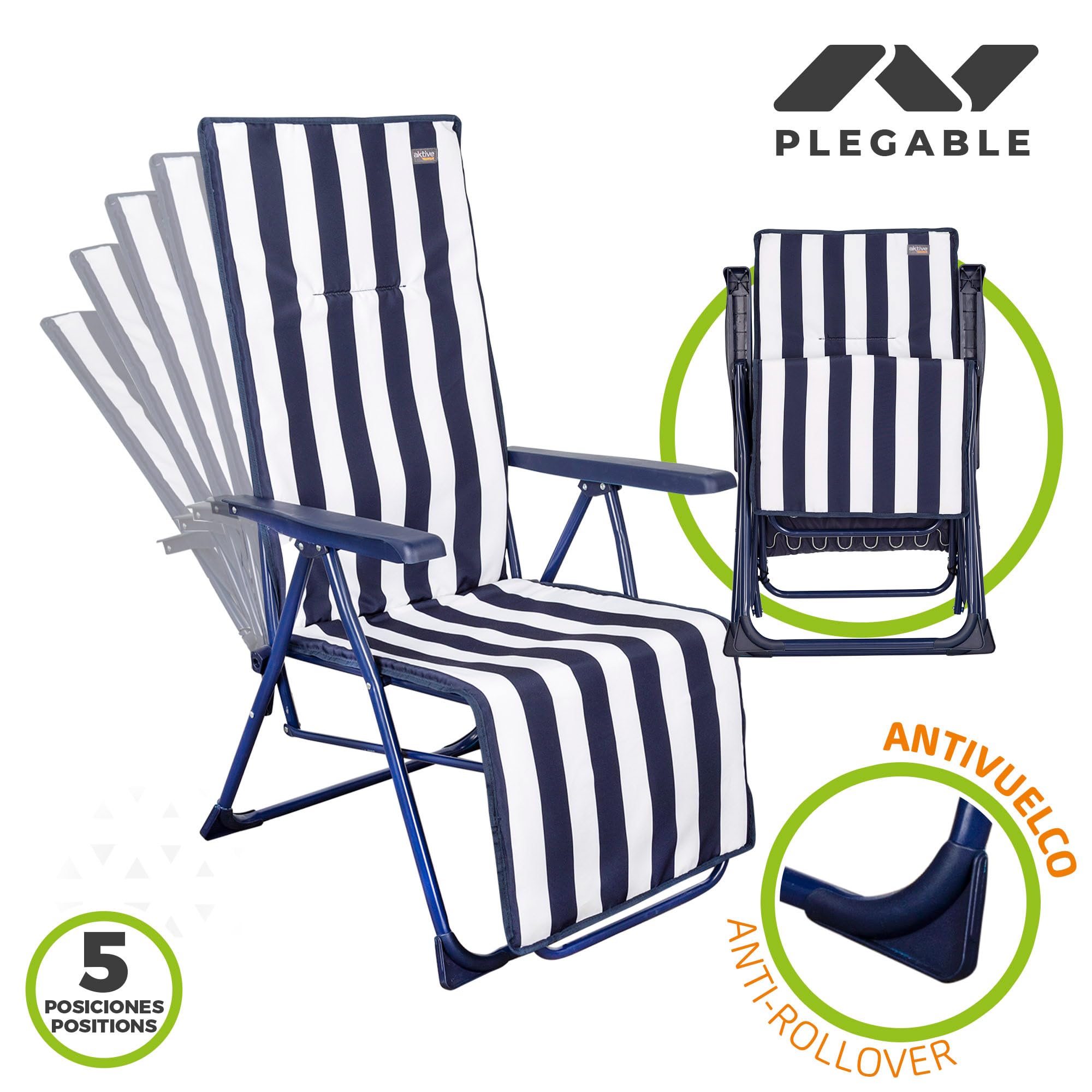 AKTIVE Lot de 2 Bains de Soleil pliants à Rayures Nautiques, 147x48x70 cm, Structure en Acier Ø22 mm, Assise rembourrée en térylène avec éponge, inclinable 5 Positions, Camping