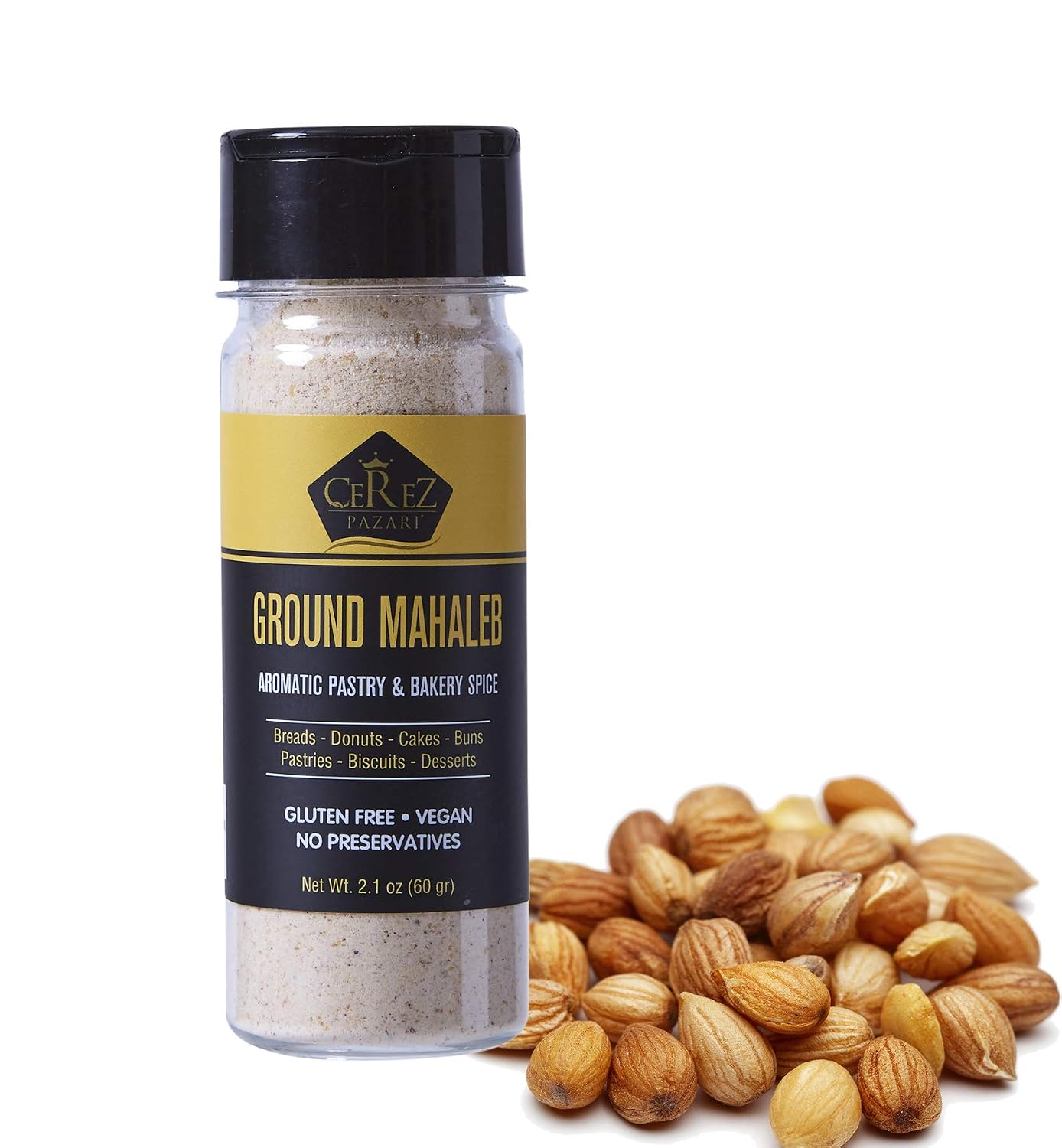 Cerez Pazari Ground Mahlab 60gr- 2.1oz-Mahlepi -Prunus Mahaleb -Mahlep Mahleb Medium Bottle, Natural, Premium Quality, No Additives or Preservatives, Aromatic Traditional Spice for Pastry and Baking