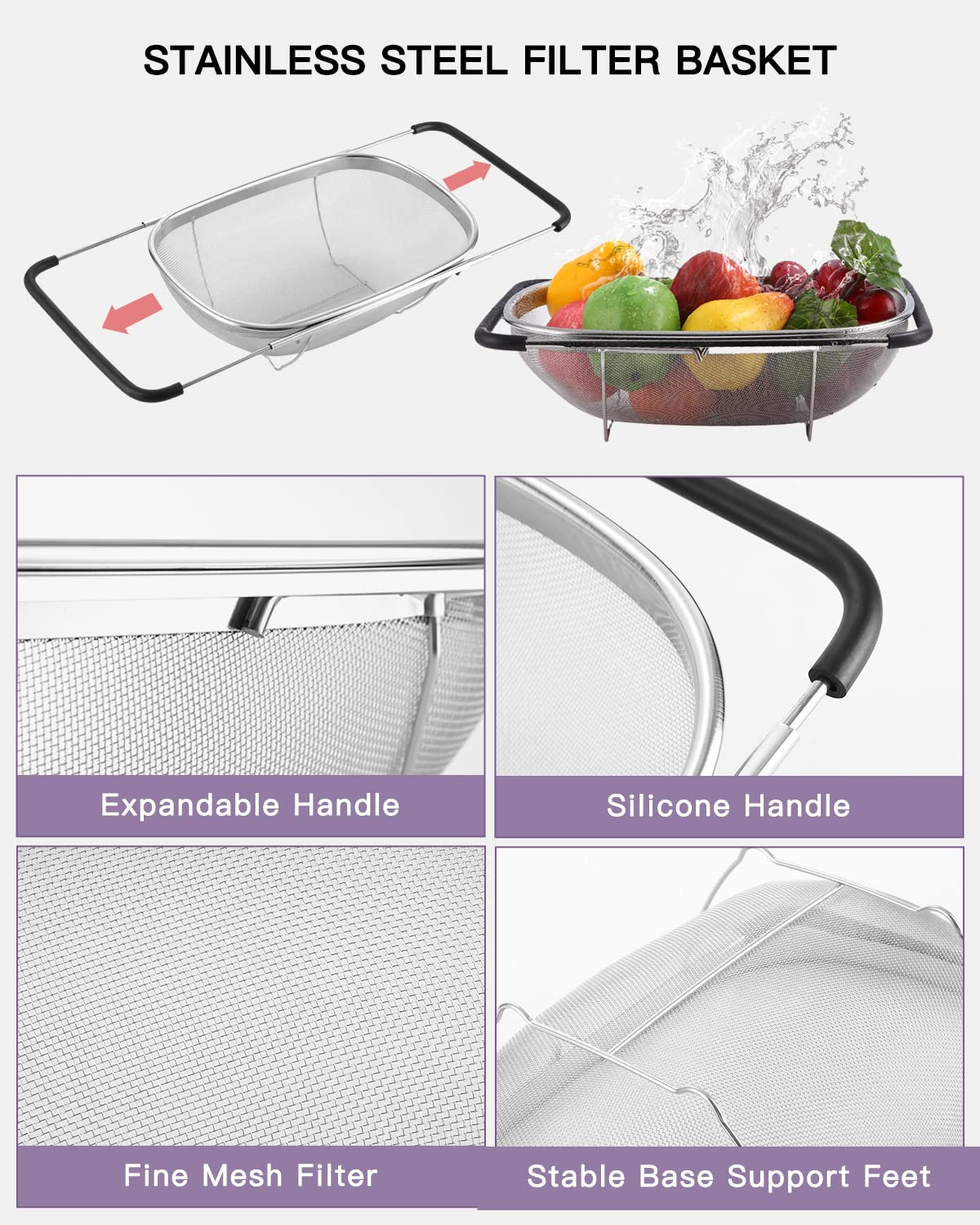 Jissta Colador de acero inoxidable,colador de 6 litros con cesta de tamiz fino y cuchara extensible,colador de fregadero extensible para colar,escurrir y lavar frutas y verduras