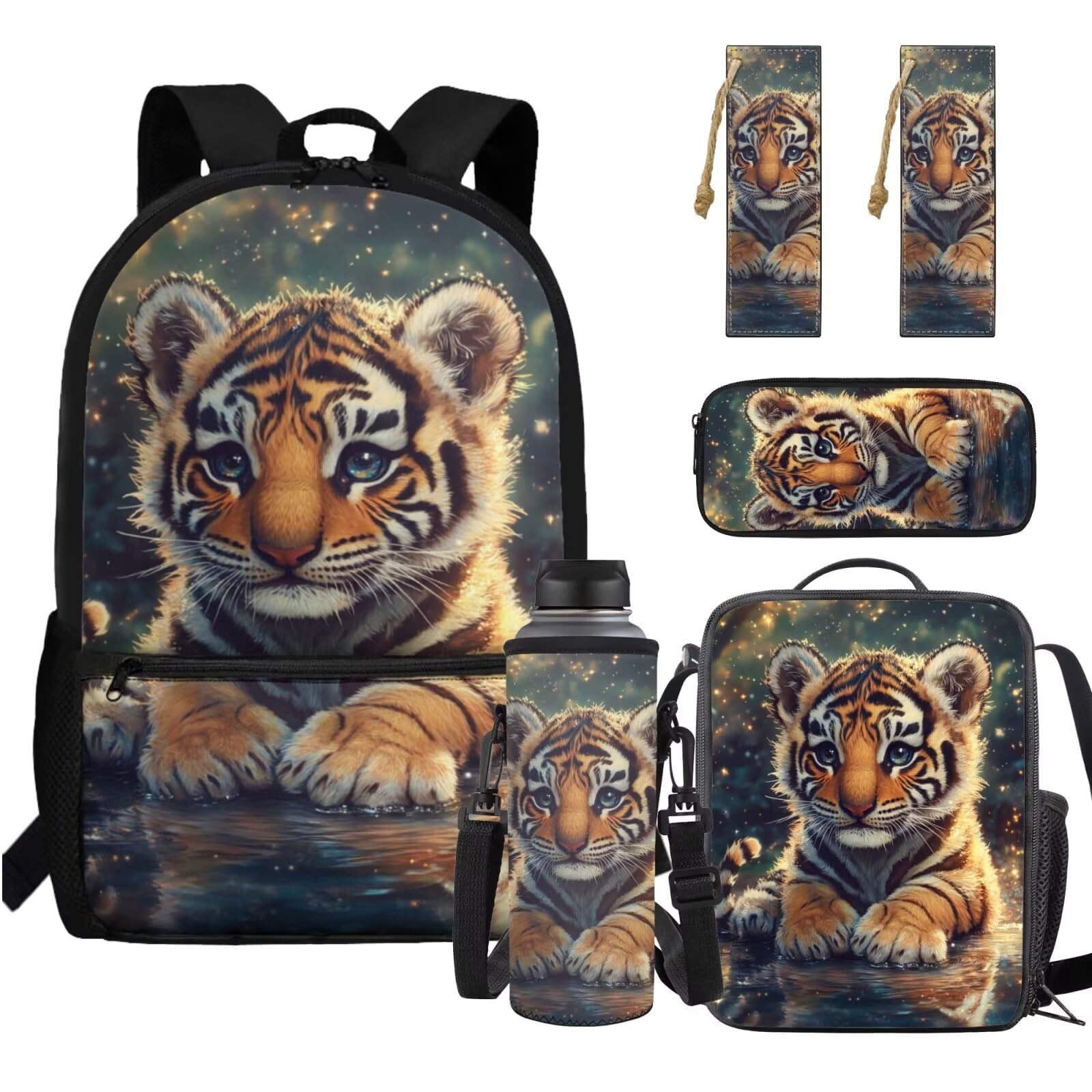 ELEDIZI Tiger Backpack for Boys Girls Backpack with Lunch Box Water Bottle Sleeve Zippered Pencil Case and Leather Bookmark 5 Pcs Set 17" Kids Sturdy
