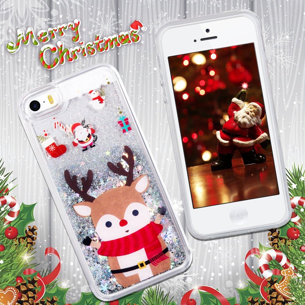 Maxdara iPhone SE/5S/5 Christmas Case [Screen Protector], Merry Christmas Giraffe Pattern Glitter Liquid Bling Sparkle Case Pretty Cute for Girls Children Gifts for iPhone SE/5/5S
