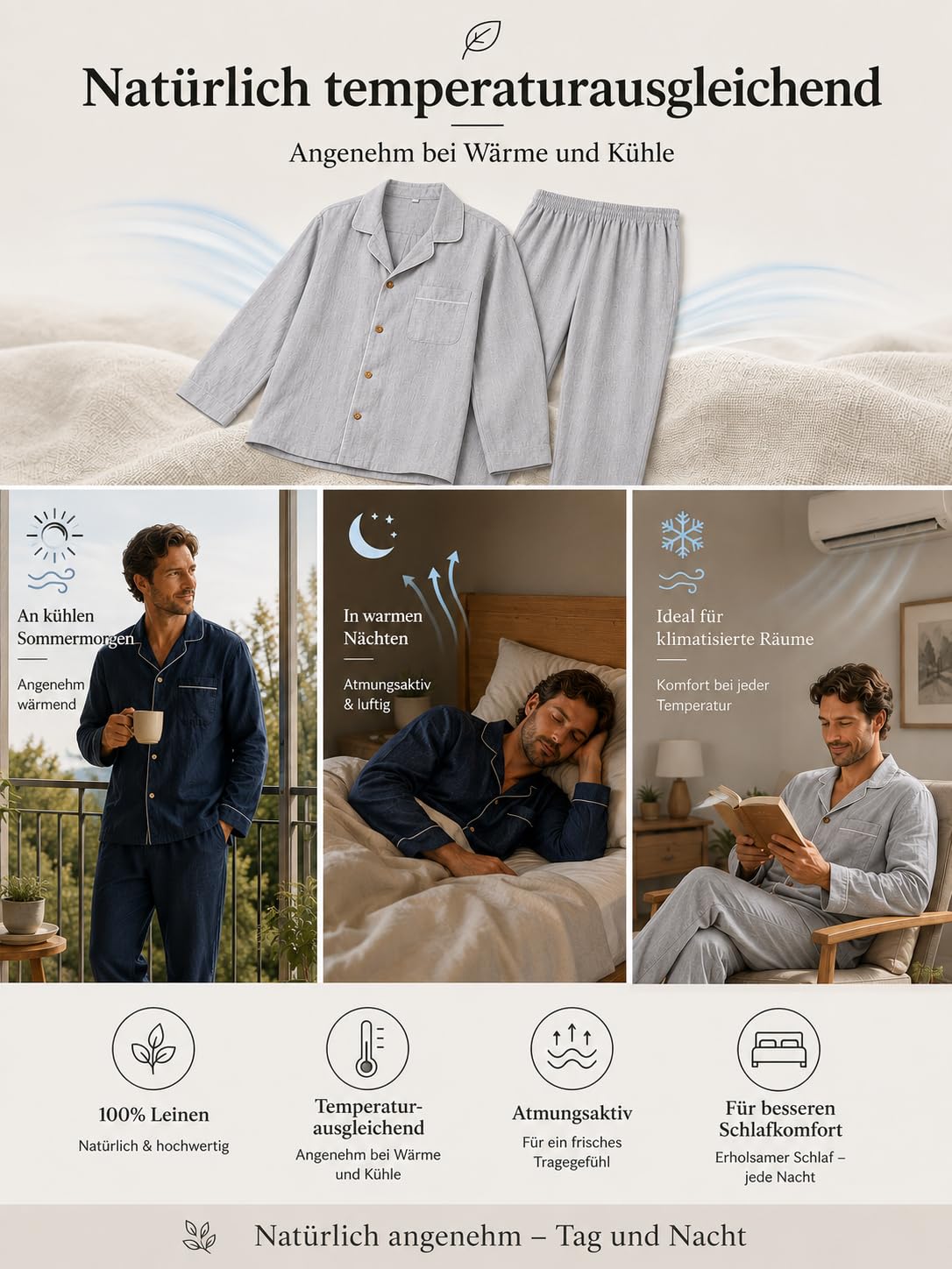 RAKUYUME Herren Schlafanzug Set aus Reinem Leinen, Langarm Pyjama mit Knopfleiste und Reverskragen, Grau, Atmungsaktiv, Elastischer Bund, Frühling Herbst (DE/NL/SE/PL, Alphanumerisch, M, Dunkelblau)