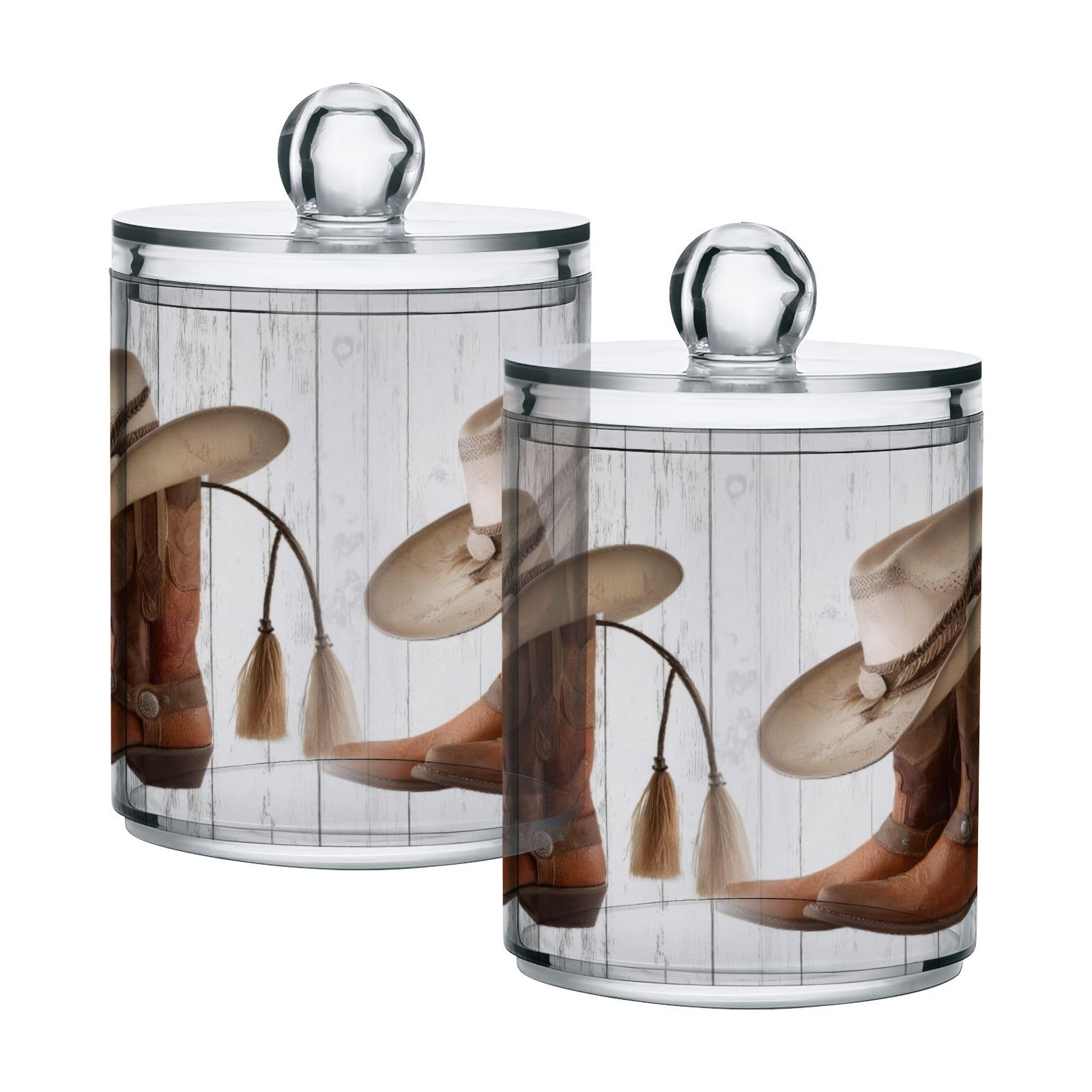 FLildon Brown Cowboy Boots Qtip Holder Dispenser, Bathroom Organizer and Storage Containers, 2Pack Clear Plastic Apothecary Jars with Lids for Cotton Ball, Cotton Swab, Floss