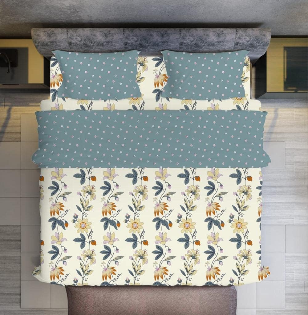 Premium Premium Super King Size Bedsheets 108 x 108 with 2 Large Pillow Covers - Extra Large Bedsheets 275 x 275 cms - Lemon Flowers