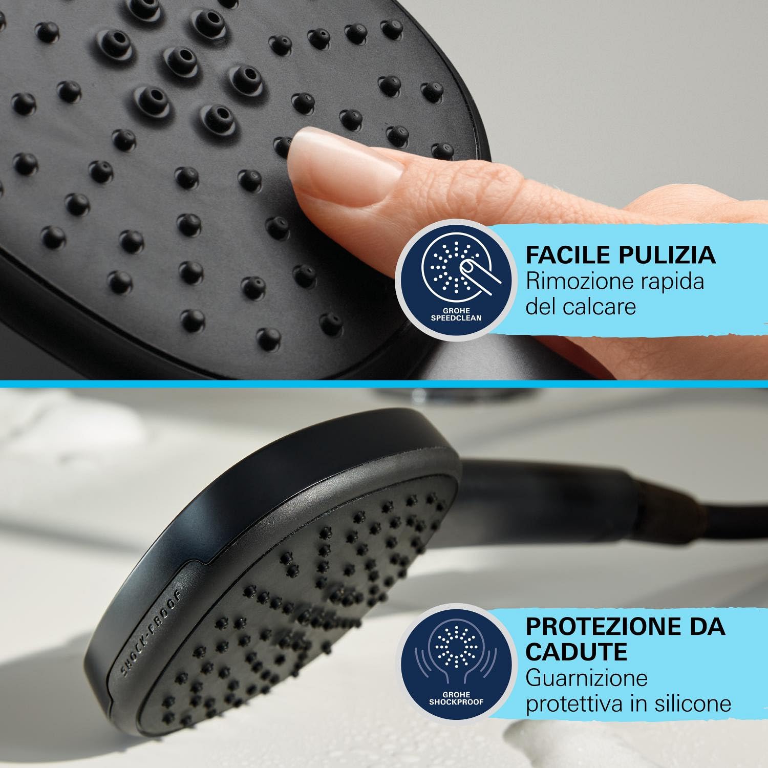 GROHE Vitalio Comfort 110 QuickFix - Set doccia (Doccino Doccia quadrata 11 cm, 2 getti, flessibile doccia da 1,75 m, asta da 90 cm, facile da installare con GROHE QuickGlue), nero opaco, 269302431