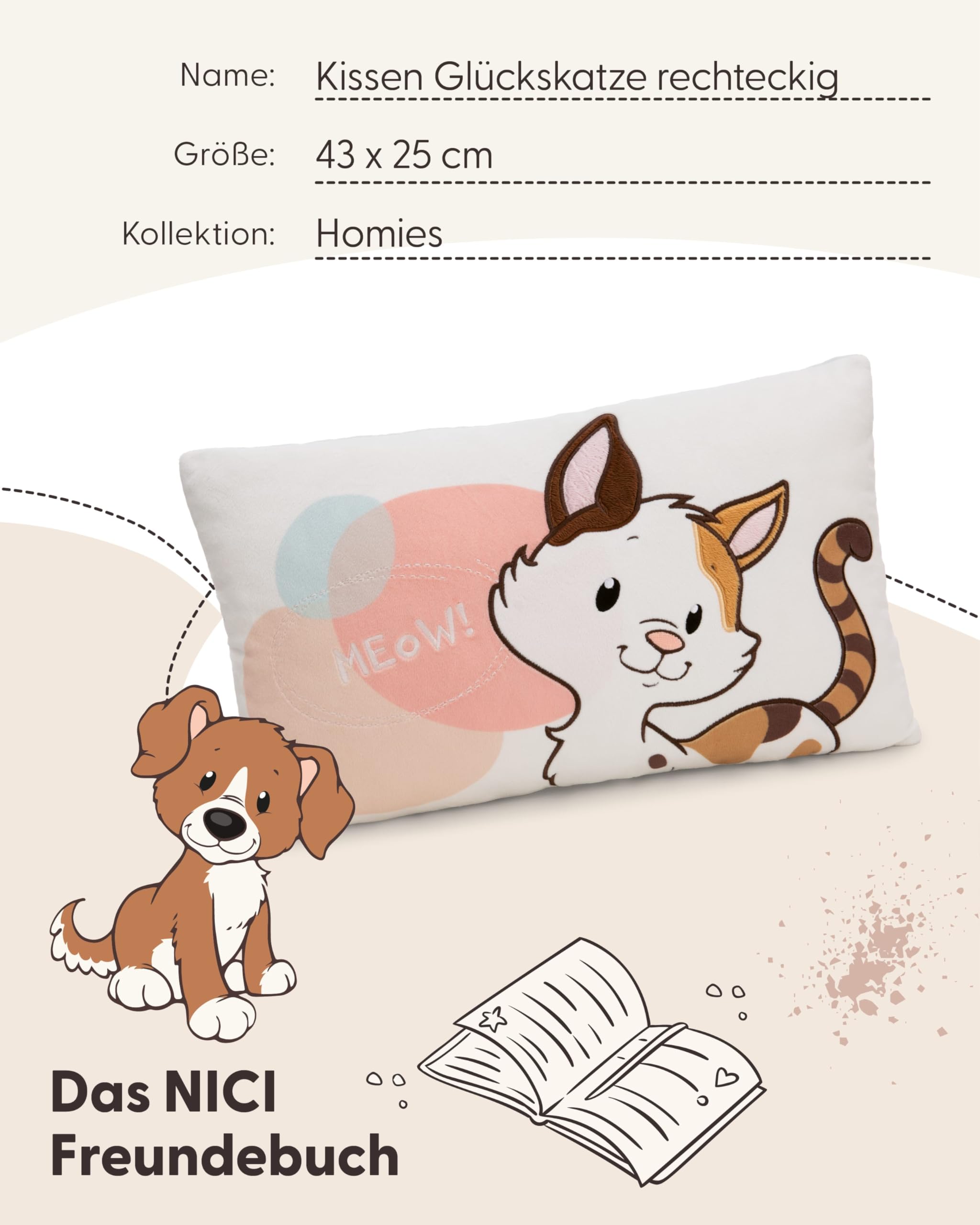 NICI Kissen Glückskatze 43x25cm - braun - Flauschiges Kuscheltierkissen für Jungen, Mädchen Kuscheltierliebhaber, ideal für Zuhause, Kindergarten oder unterwegs - 62164