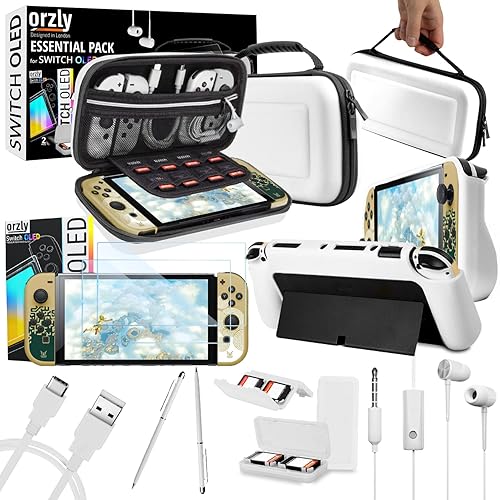 Orzly Accessory Bundle kit for Nintendo Switch Oled Accessories Essentials Pack Case and Screen Protector Comfort Grip Cover Headphones charger