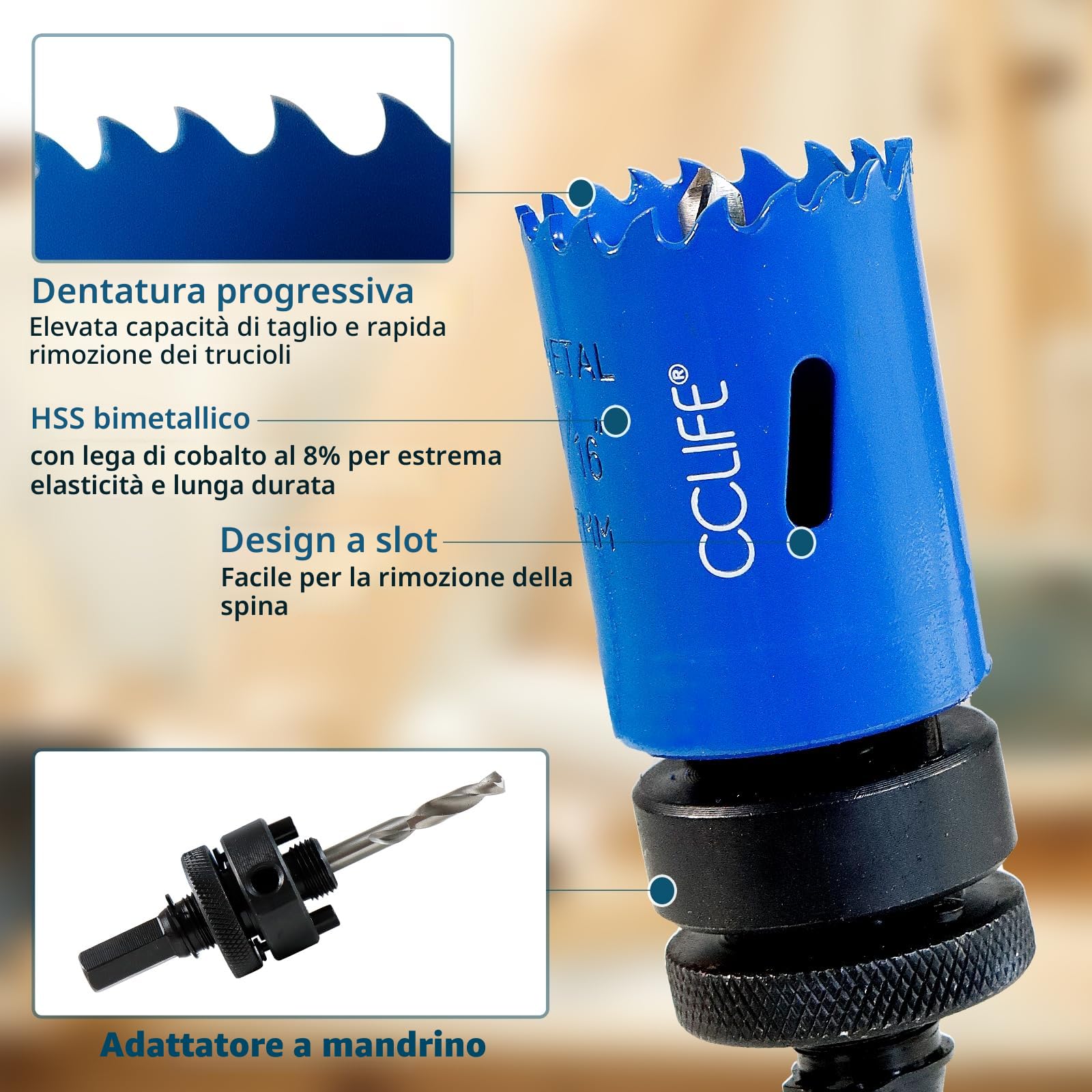 CCLIFE 18 pezzi Sega a Tazza Trapano Fresa Tazza HSS Bi-metallica per Acciaio inossidabile, Alluminio, Legno, PVC Plastica con 13 x Saw Blades 16-76mm 3 x Punte a Forare 1 x Chiave esagonale