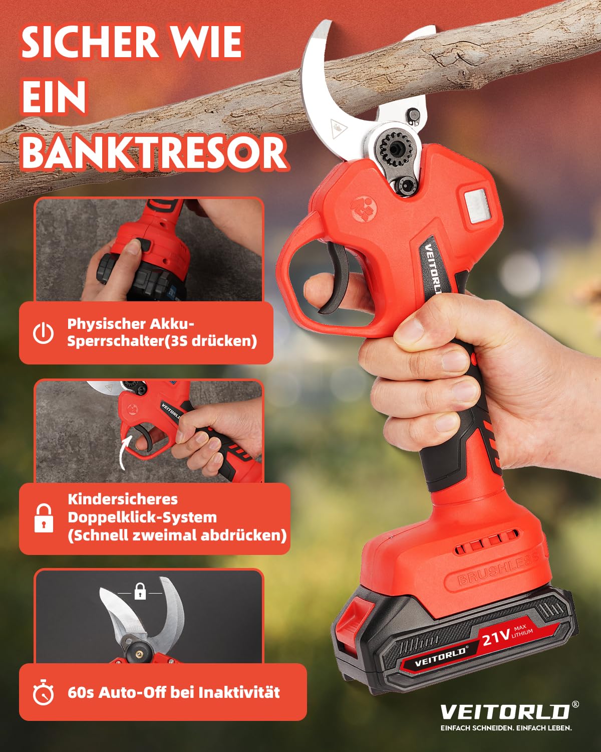 Veitorld Astschere Teleskop, 40MM Akku Gartenschere mit Abnehmbaren Teleskopstange (130-245 cm), Bürstenloser Motor Bypass Baumschere mit 2 Akku 2000mAh für Äste, Geschenke für Männer Frauen