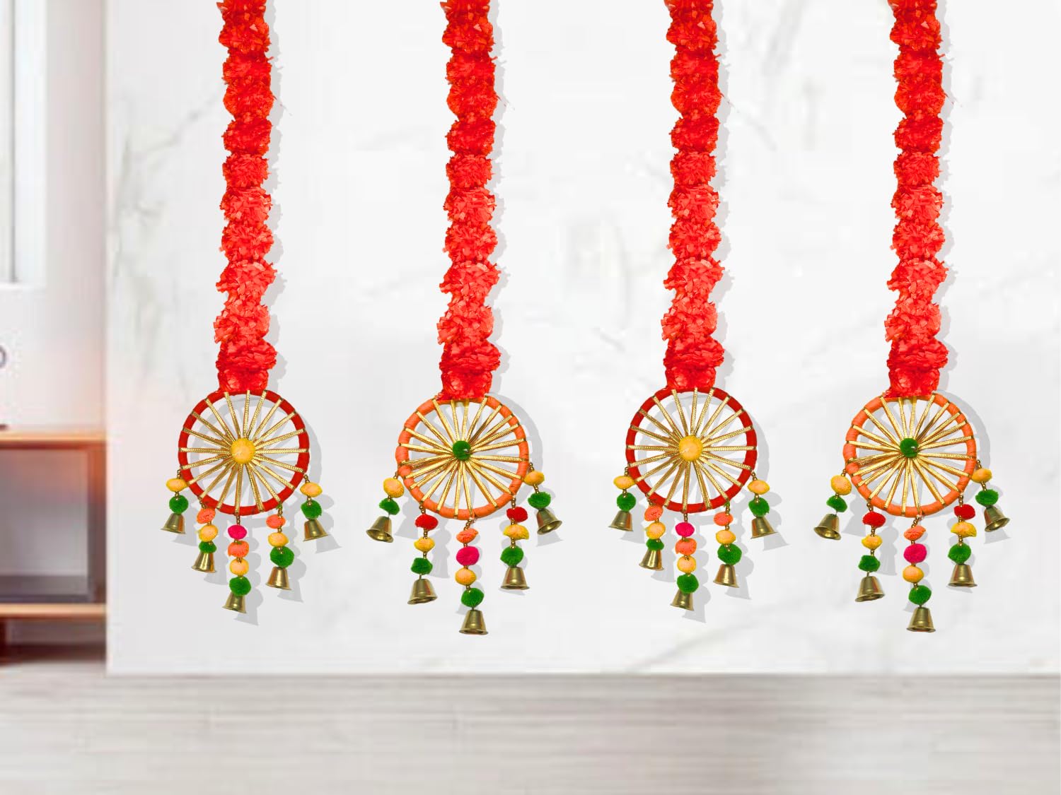 DRYPHON Artificial Marigold Flowers with Pom Pom Ring Bell Hanging Garlands for Home, Diwali & Wedding Decoration (Pack of 4)