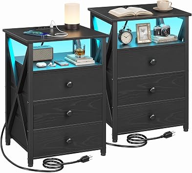 AMHANCIBLE Nightstands Set of 2, LED Night Stand with Charging Station