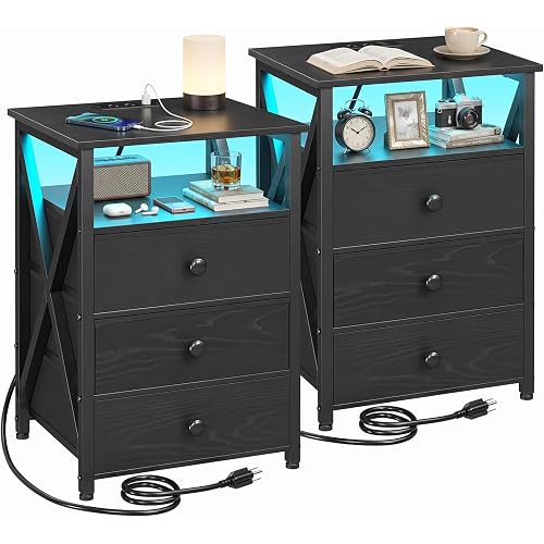 AMHANCIBLE Nightstands Set of 2, LED Night Stand with Charging Station