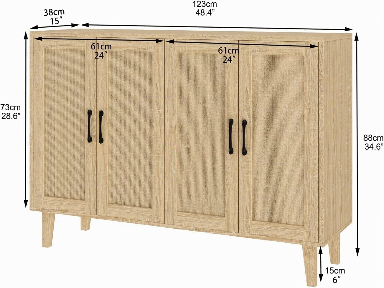 Panana Sideboard mit Rattangeflecht 4 Türen Sideboard TV-Schrank Schubladenkommode Holz Mehrzweckschrank für Flur Schlafzimmer Wohnzimmer Esszimmer (Braun)