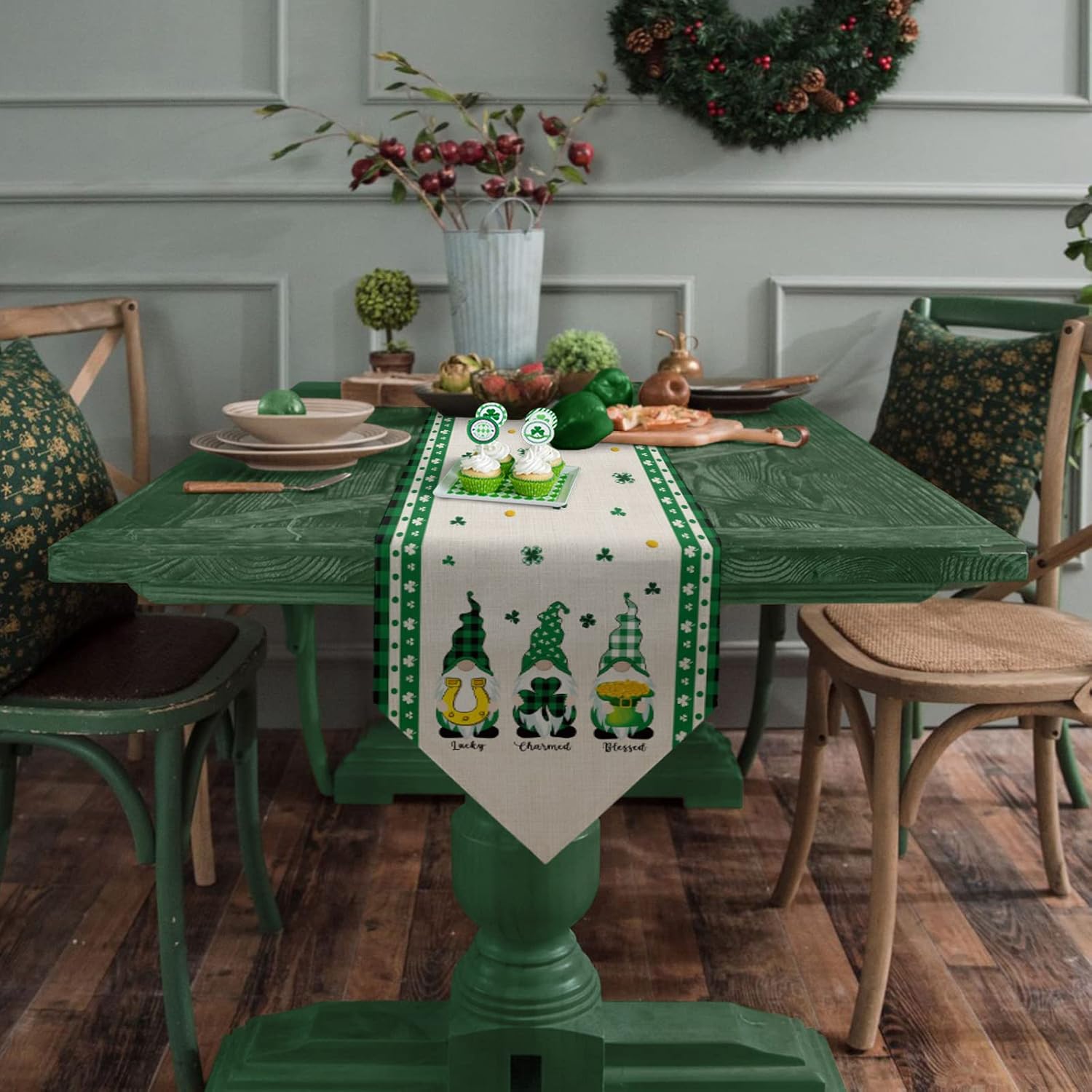 St. Patrick's Day Gnome Table Runner Green Shamrock Lucky Clover Dresser Scarves Green Plaid Table Runners Buffalo Check Decorative Runners for St.Patrick's Day, Spring Parties, 18x72 inch