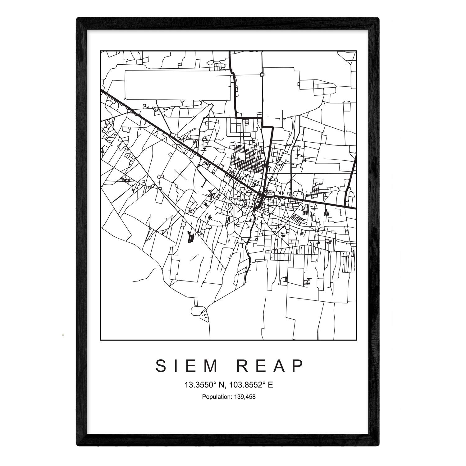 Nacnic Map of the city Siem Reap Nordic style in black and white. Poster A3 Size Framed with Black Frame Printed Paper 250 gr. Pictures, sheets and posters for Salon and Bedroom โ image 1
