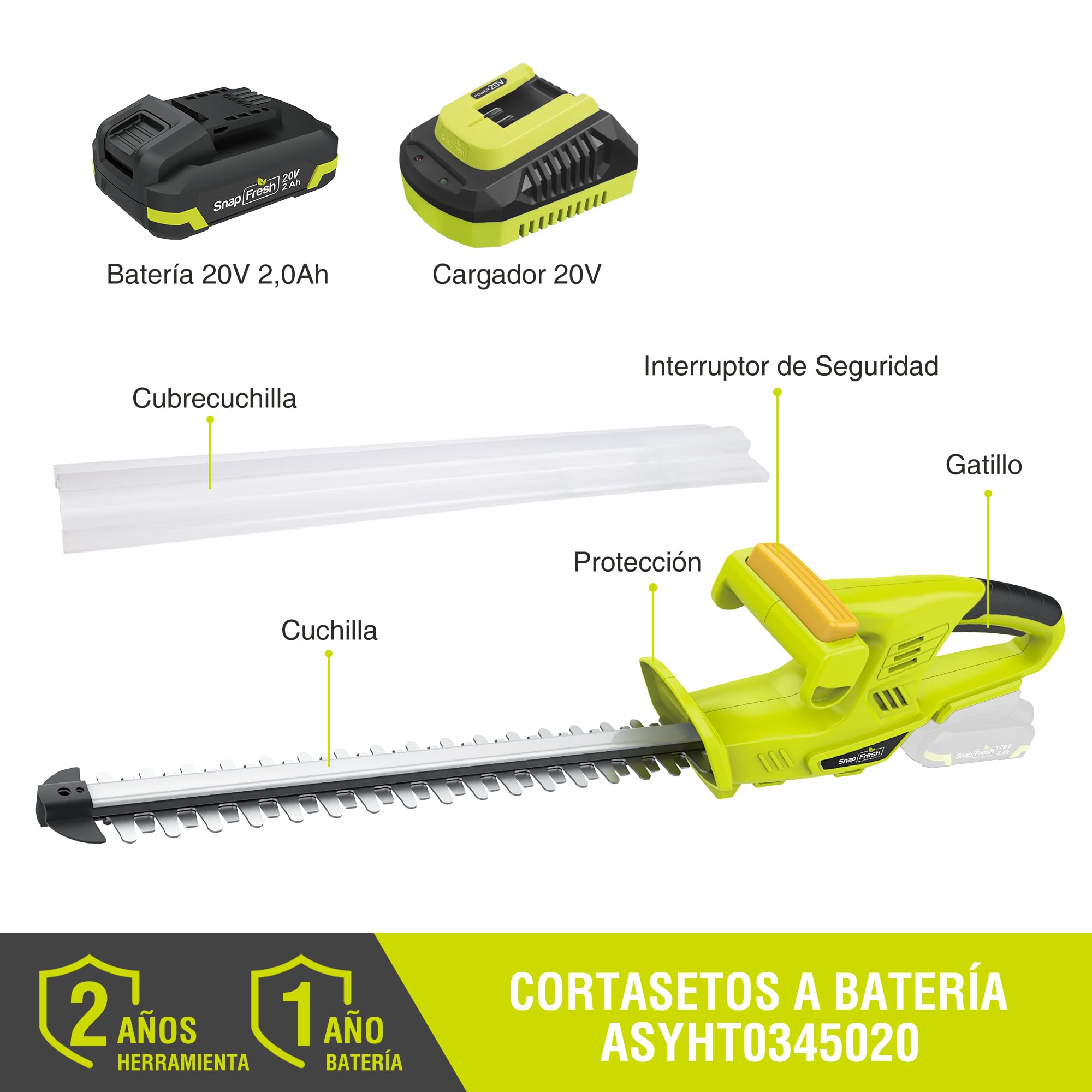 SnapFresh Cortasetos a Batería 20V, Longitud de Corte 45 cm, 2800 SPM, 65Mn, Ligero para Setos y Jardín, Batería 2,0Ah y Cargador Incluidos
