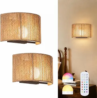 Rattan Battery Operated Wall Sconce Set of 2, Boho Rechargeable Wall Lamps