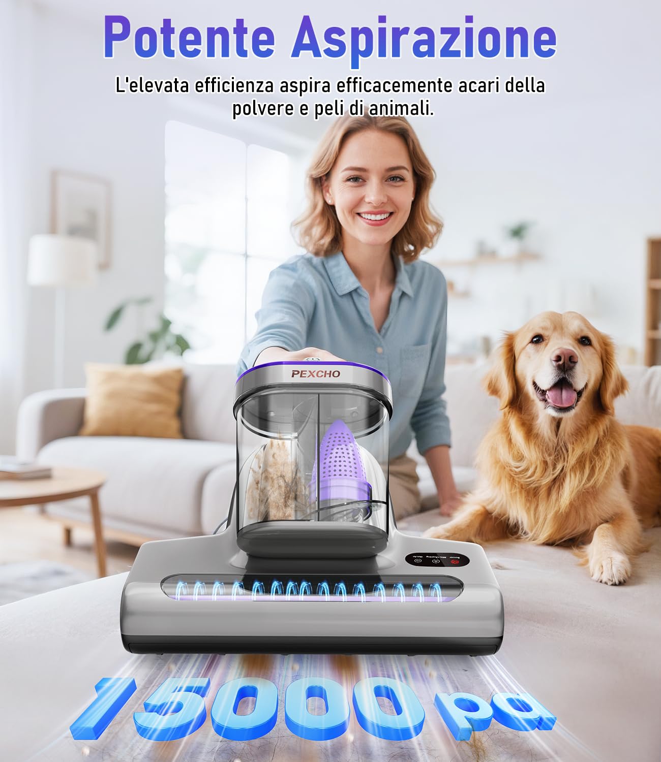PEXCHO Battimaterasso con Luce UV, Filtro HEPA e Asciugatura a 65℃, 500W Aspirapolvere per Materassi Rimuove il 99% degli Allergeni, Pulisci Materasso, Divano, Tessuti e Letti