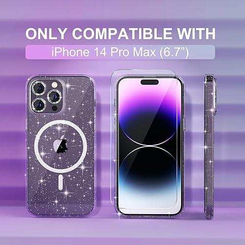 Miniatura 2 de Choiche Funda magnética para iPhone 14 Pro Max, funda transparente con purpurina para mujer, 3 protectores de lente de cámara con diamantes, 2