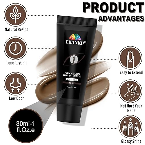 Miniatura 60 de Kit de uñas de gel de poliéster, gel de extensión de uñas de ojo de gato de EBANKU de 6 colores, gel constructor magnético con purpurina, kit 6