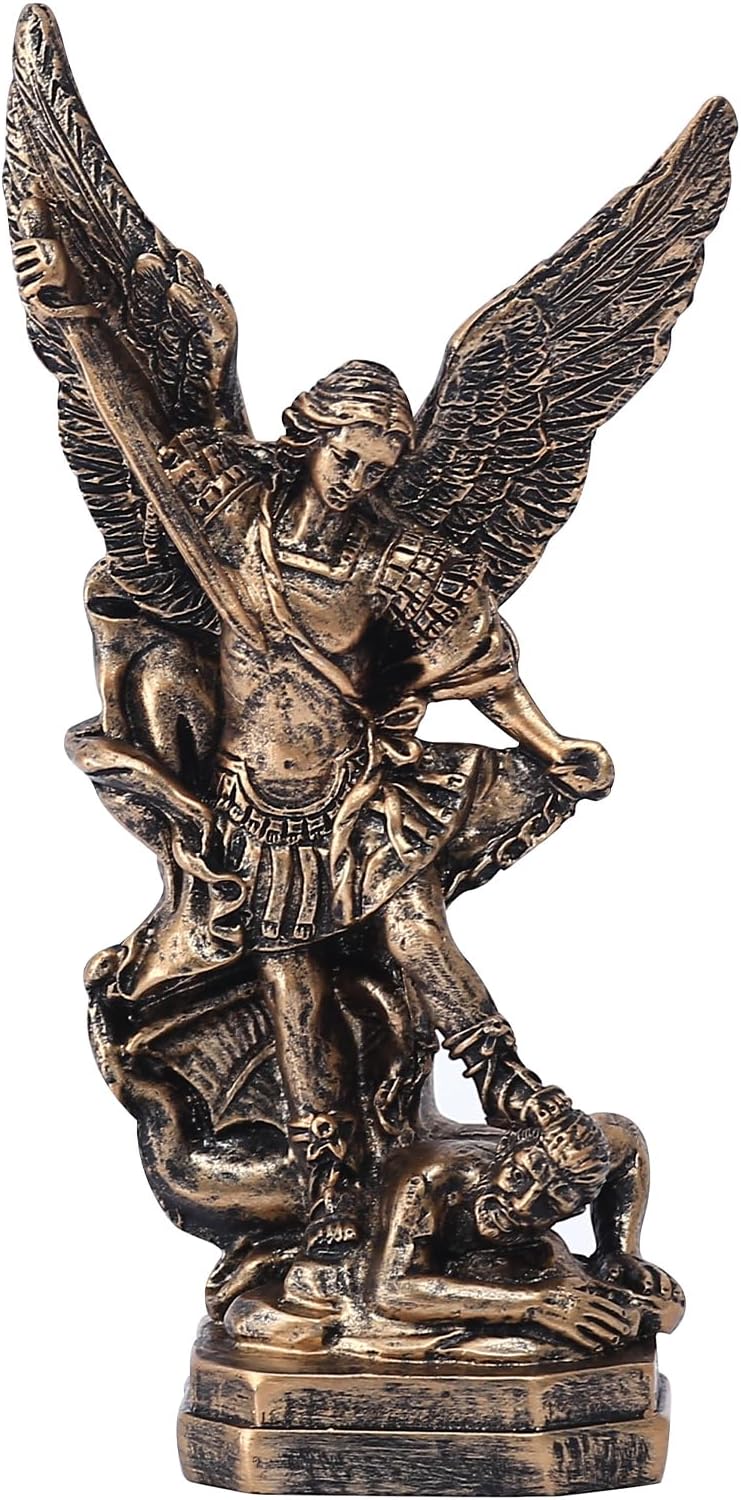 5.1in San Miguel Arcangel Statue, St Michael Statues, Resin Saint Archangel Michael Statue, Saint Michaels defeating Satan Collection Figurines, Religious Angel Suitable for Collection or Decor