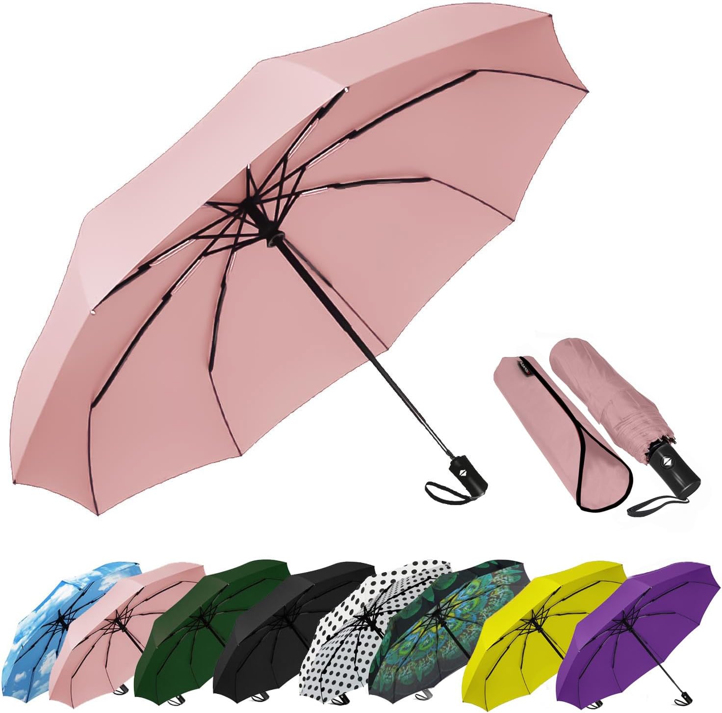 SIEPASA Windproof Travel Compact Umbrella-Automatic Umbrellas for Rain-Compact Folding Umbrella, Travel Umbrella Compact, Small Portable Windproof Umbrellas for Men Women Teenage.(Pink)
