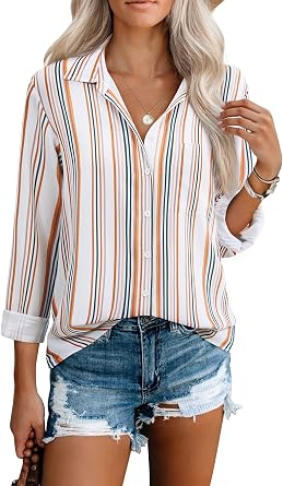 Aoudery Womens Button Down Shirts Long Sleeve Summer V Neck Collared Stripes Casual Blouses Tops with Pocket