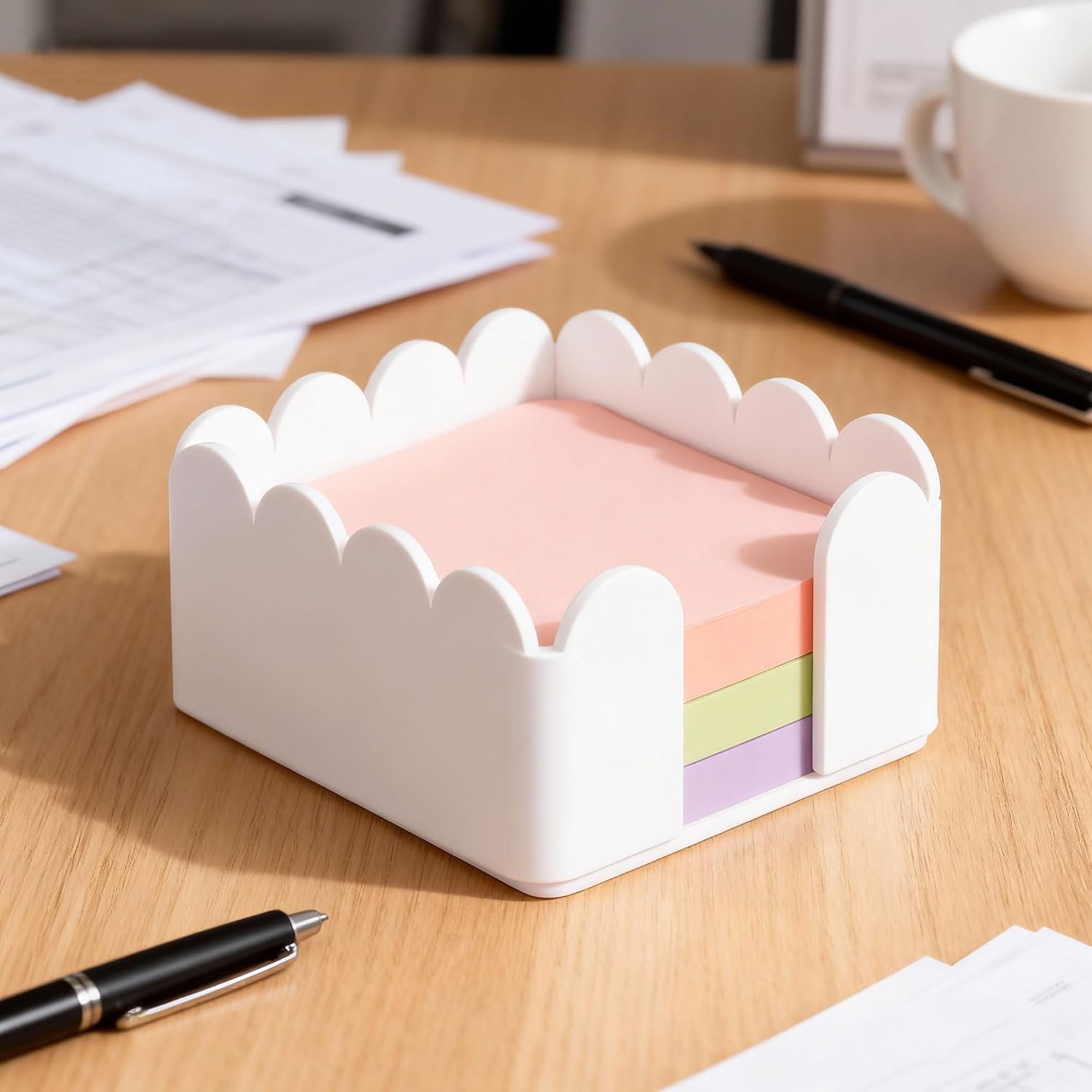 Scalloped Acrylic Sticky Note Holder 3"x3" White Cute Wave Sticky Note Holder Dispenser for Classroom Desk Organizer Accessories for Dorm Room School Office Necessities