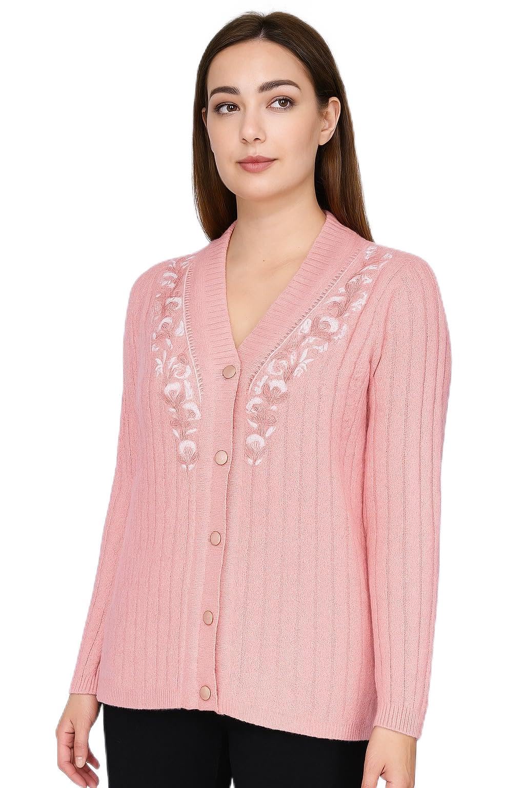 Women's Pink Knitted Cardigan with Floral Embroidery, V-Neck Button Down Sweater, Long Sleeve Ribbed Design