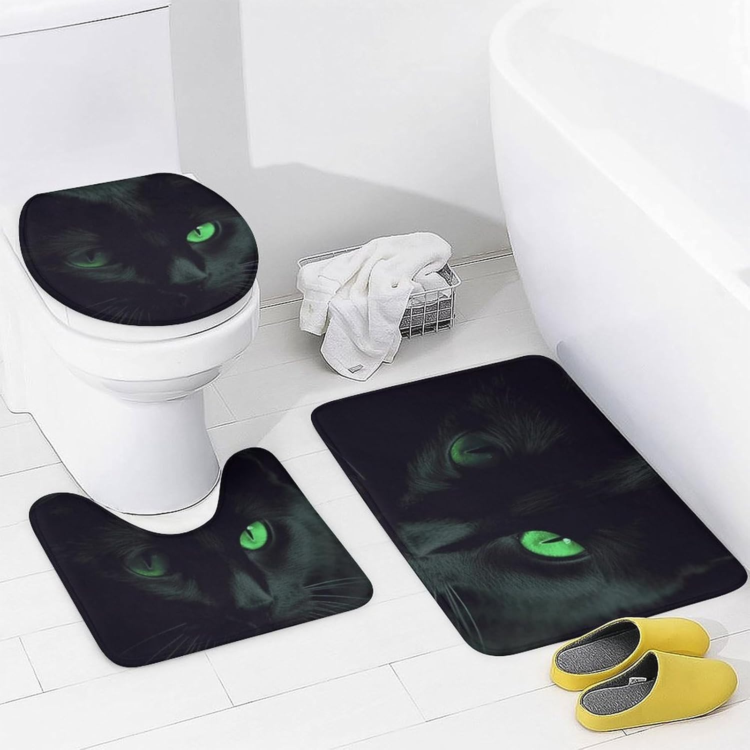 Black Cat Green Eyes Shower Curtain Set 4 Piece, Non-Slip Bath Mat with Toilet Lid Cover and Waterproof Shower Curtain with 12 Hooks, Complete Bathroom Set for Home Decor
