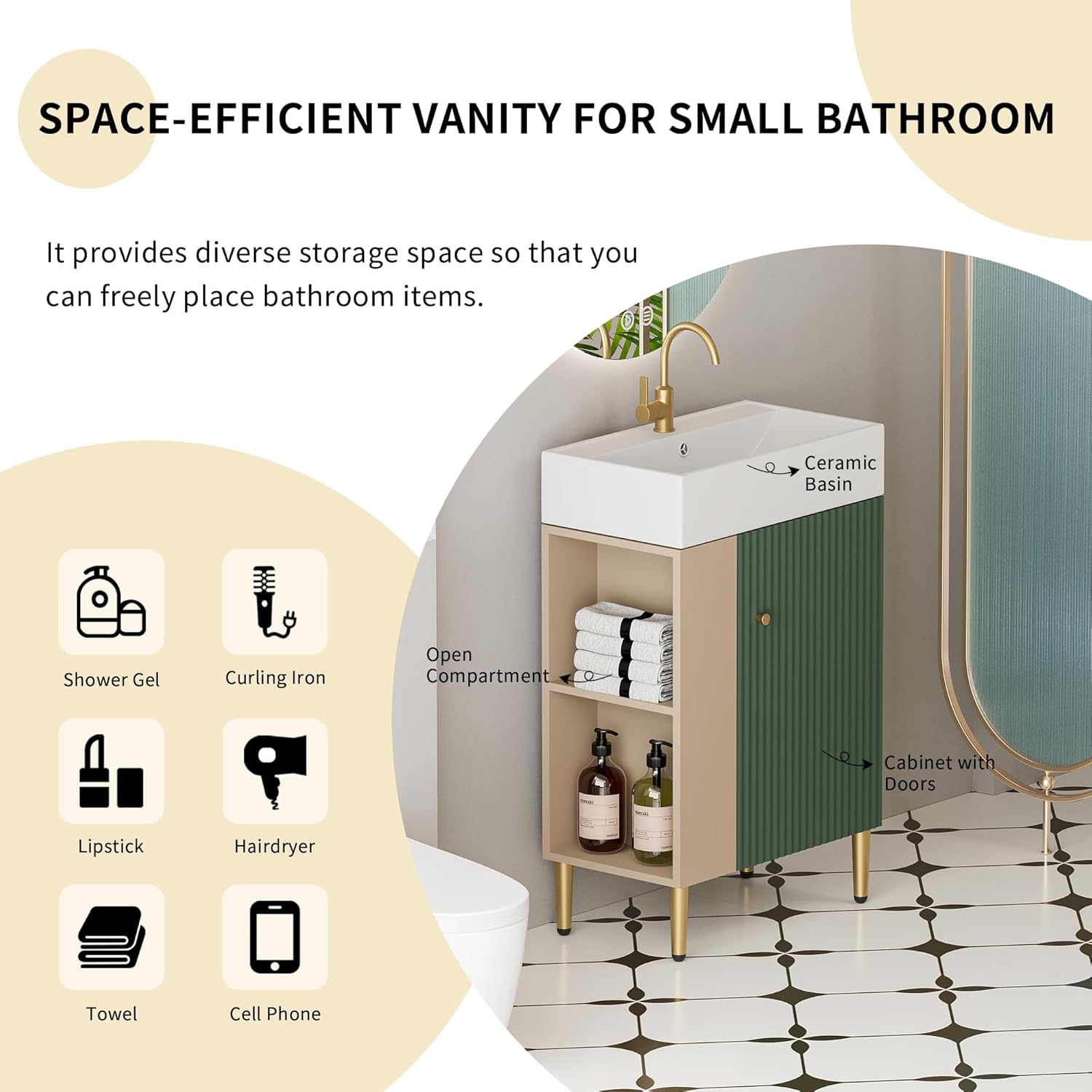 21.6 Inch Bathroom Vanity with Sink, Vanities with Square Ceramic Sink Top and Left Side Storage, Combo Stand Storage Cabinet Set for Small Bathroom (Green)