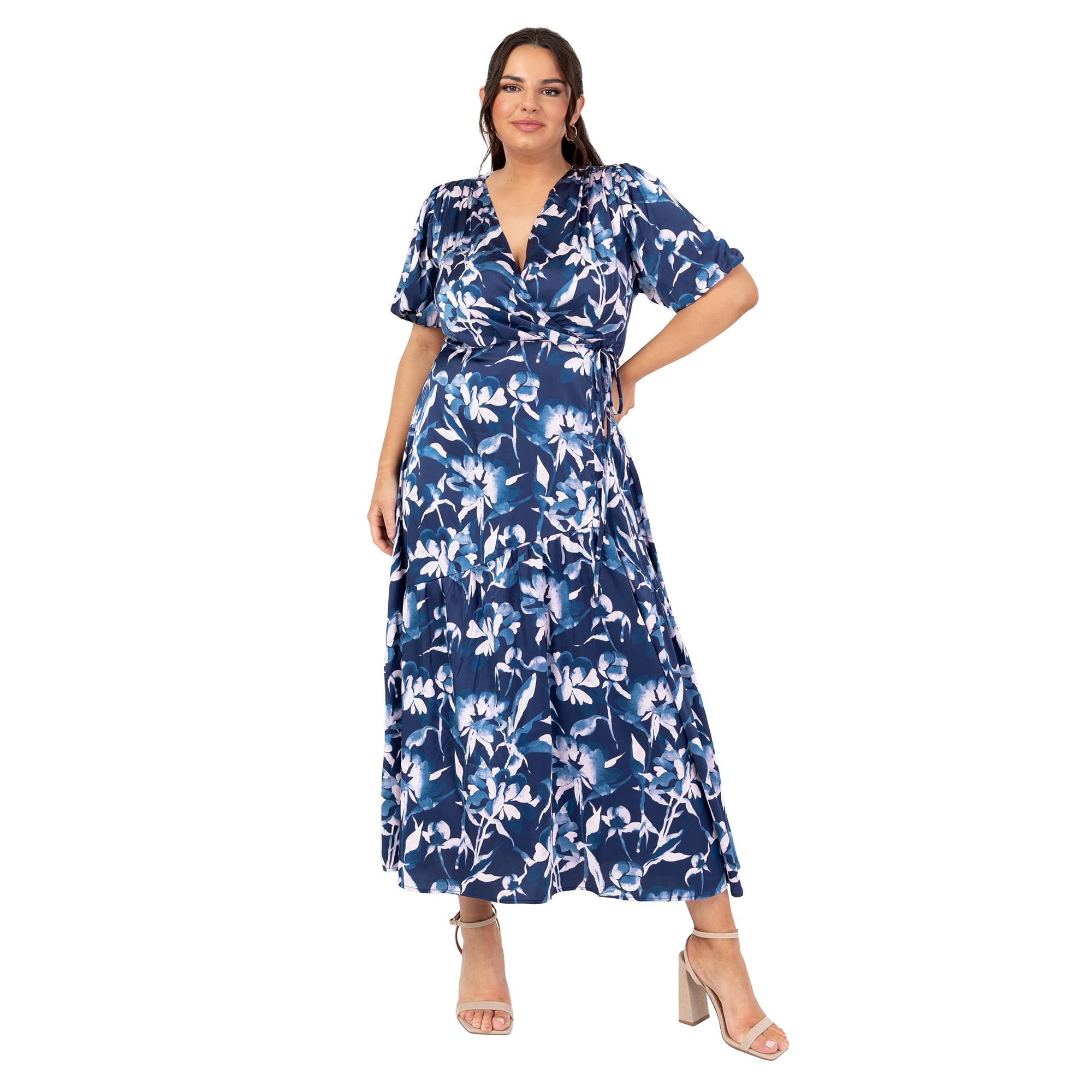 Lovedrobe Women's Ladies Midaxi Dress V-Neck Puff Short Sleeve Wrap Empire A-line Animal Print Wedding Guest Occasion Evening Prom Navy Blue 8