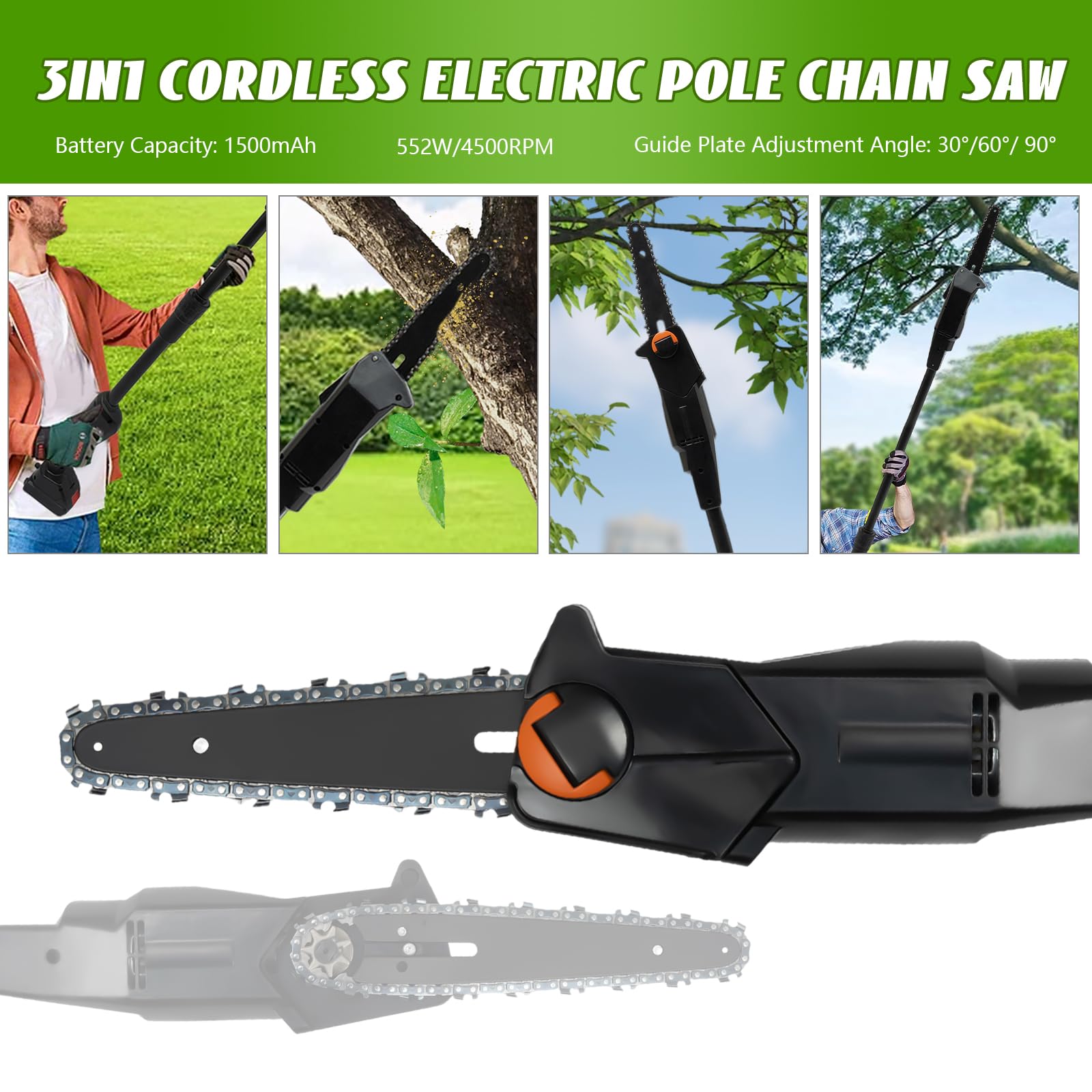 Batería podadora de hasta 1,25 m, 552 W, motor sin escobillas, 4500 rpm, 1200 m/min, sierra de podar profesional con batería de litio de 1500 mAh para cortar y podar ramas