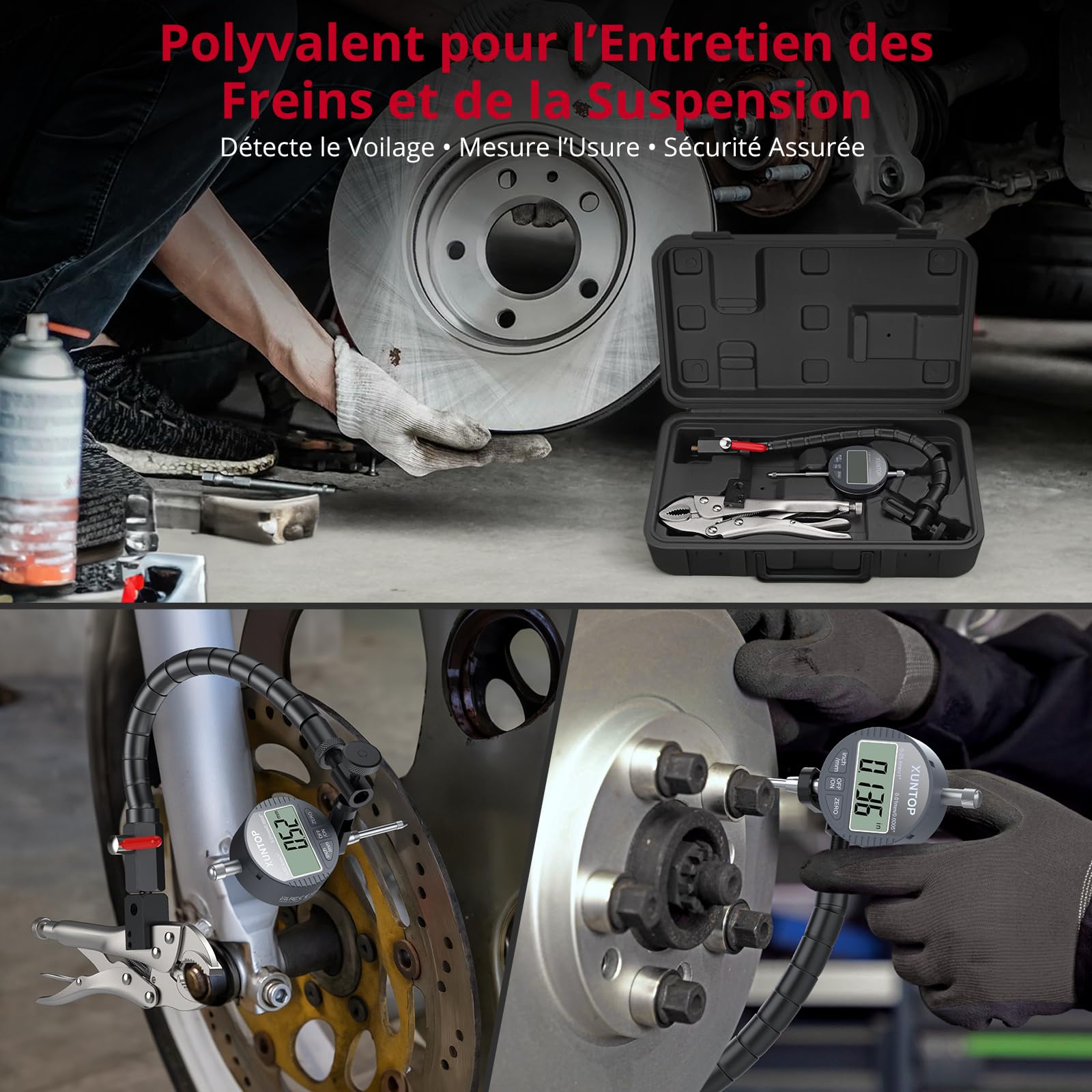 XUNTOP 25.4mm/0.01mm Comparateur Numérique pour Étrier de Frein - Outil de Mesure Automobile Professionnel avec Jauge de Déformation de Disque, Pince de Verrouillage 7'', Support Flexible 360°