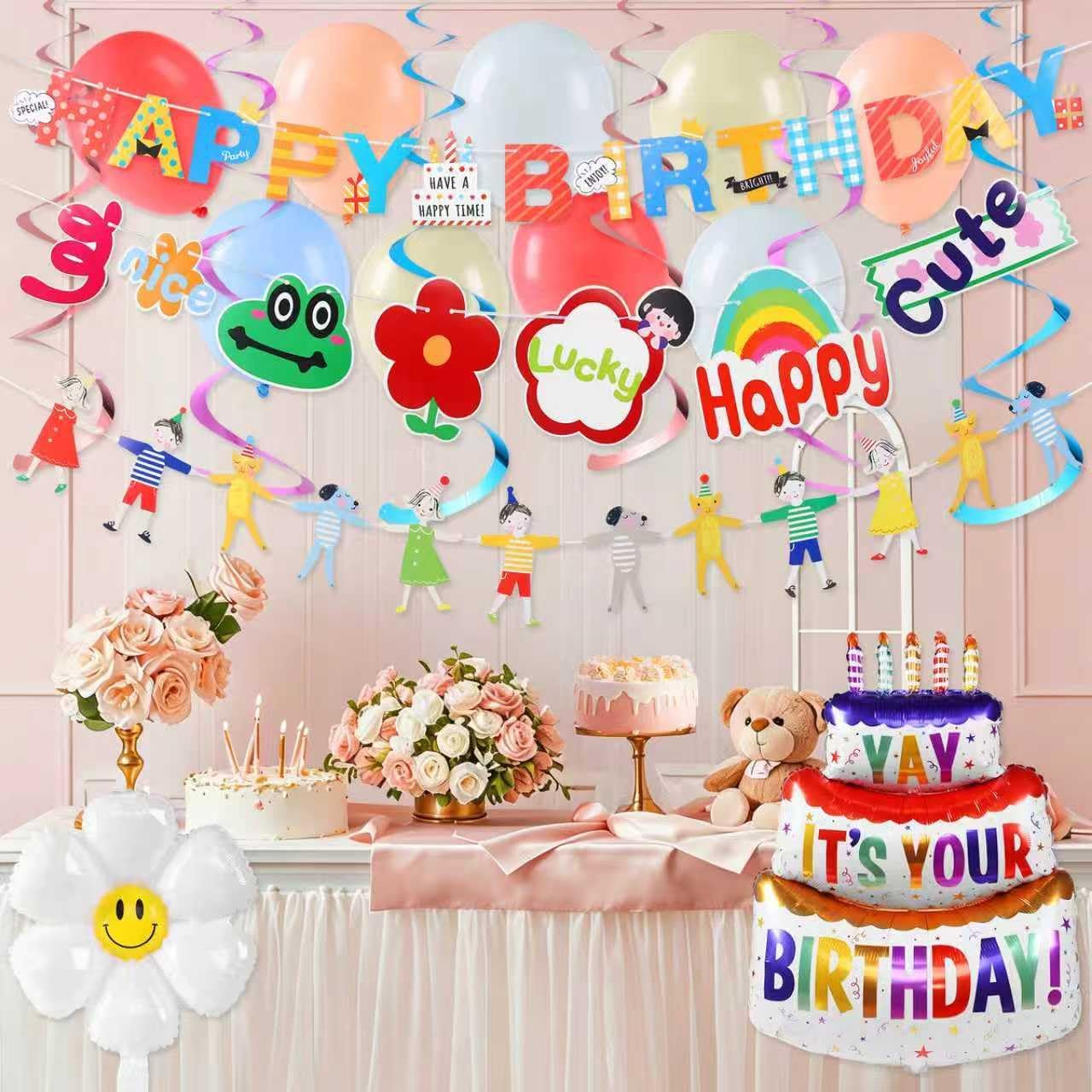 Happy Birthday Decorations Kit, Colorful Birthday Party Decoration Set with Banner, Balloons, Hanging Swirls, Fun Garland and Cake Foil Balloon for Home Party Supplies