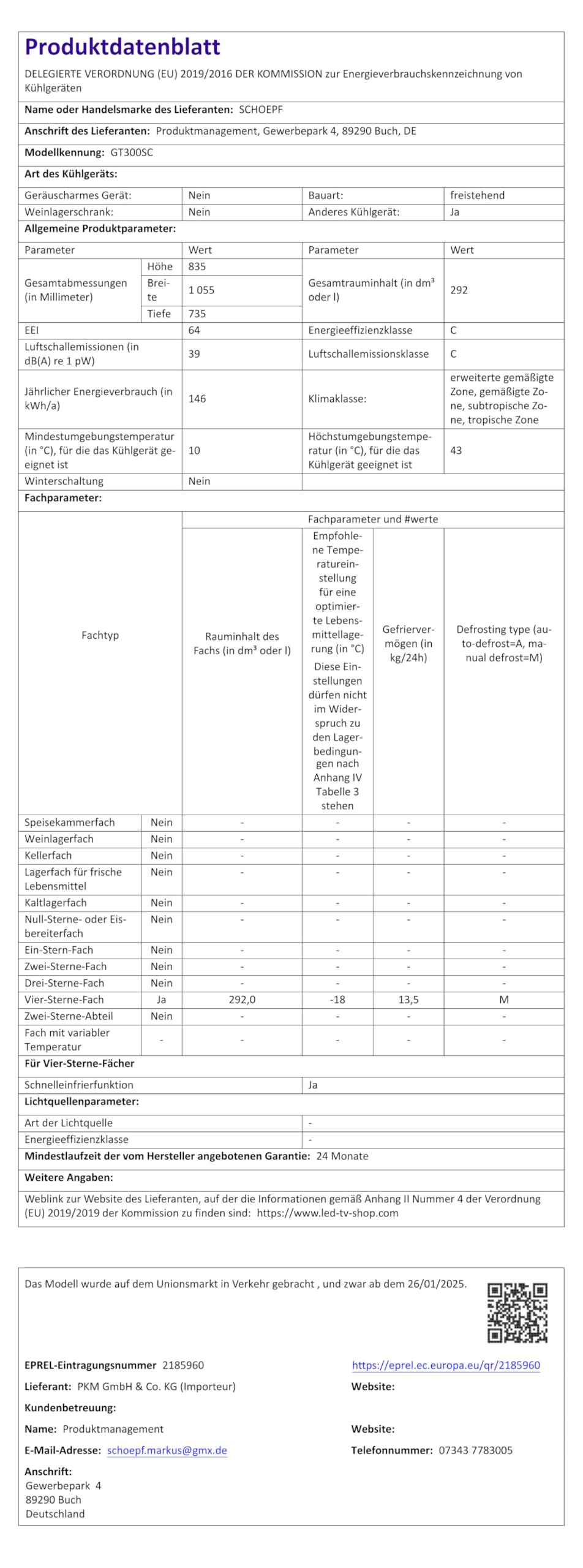 SCHOEPF – GT300SC Gefriertruhe 292 L – Weiß – 83,5 x 105,5 x 73,5 cm – Energieklasse C – Schnellgefrieren – 39 dB – 146 kWh/Jahr – 4-Sterne-Kennzeichnung – Freistehend