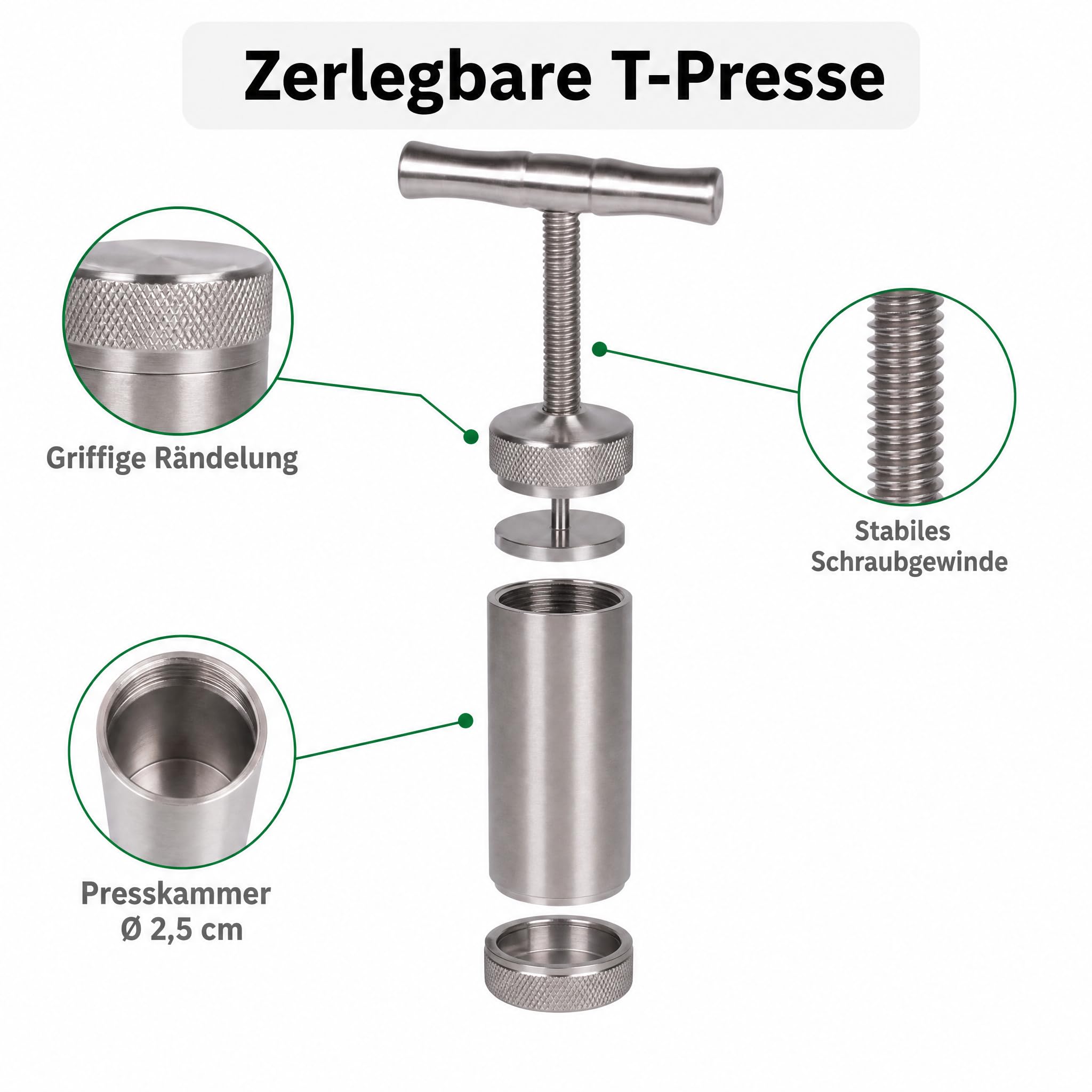 Kräuterpresse Pollenpresse T-Press aus Edelstahl, Manuelle Handpresse/Spindelpresse zum Verdichten von Kräutern, Gewürzen und Tabak, Ø 2,5 cm Presskammer, Höhe 11,5 cm, mit Aufbewahrungsbox