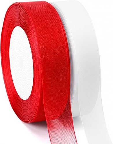 Miniatura 8 de DECYOOL 2 rollos de cintas de organza de Navidad de 100 yardas de 0.8 pulgadas de ancho para decoración de envoltura de regalos, rojo y verde